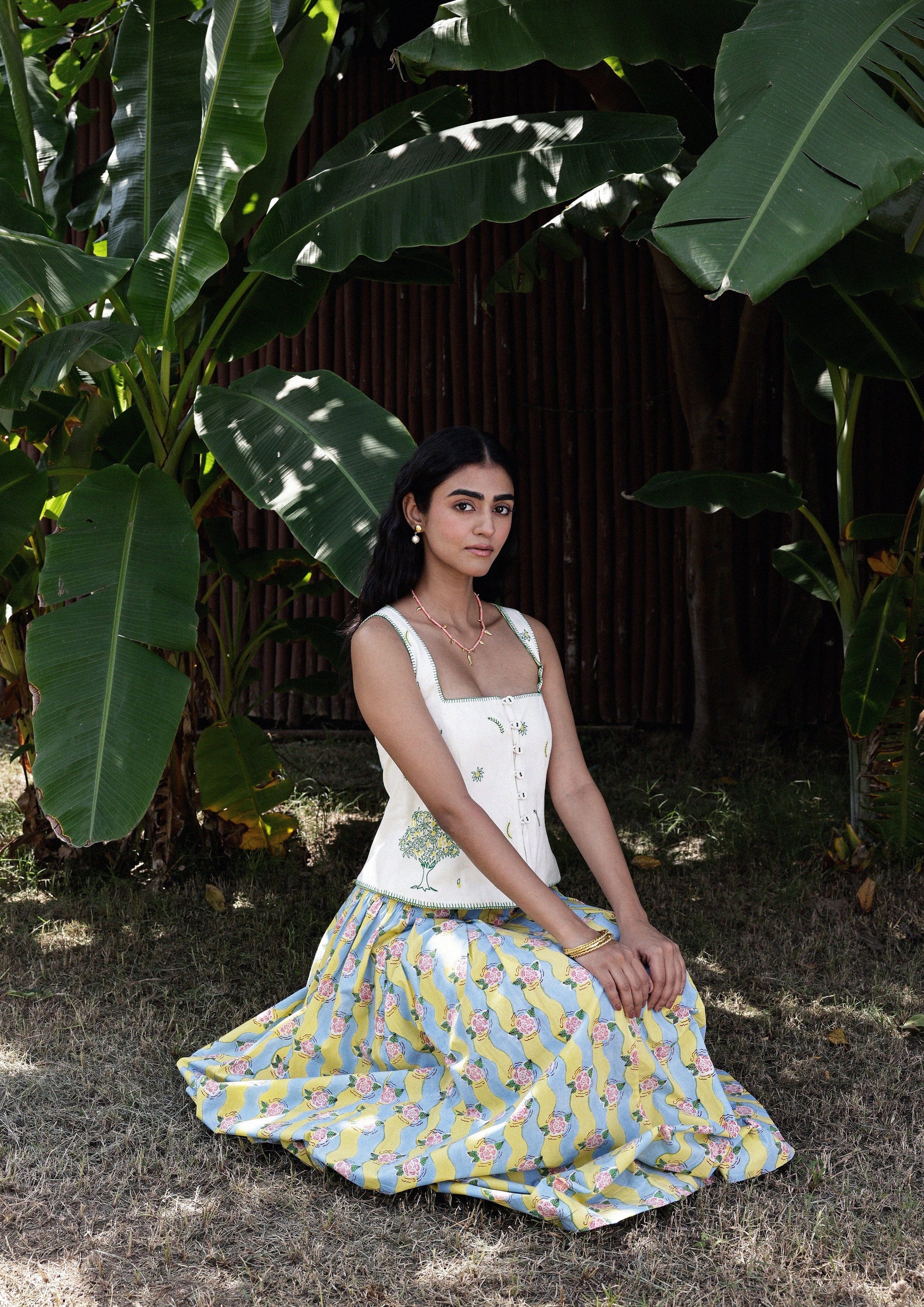 Mango and crane embroidery Palash vest top from The Raw India, featuring intricate traditional embroidery and sleeveless design.
