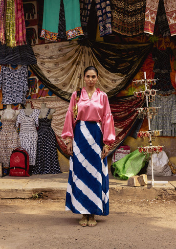 Indigo Leheriya Rani skirt by The Raw India featuring traditional Indian print and flowing fabric.