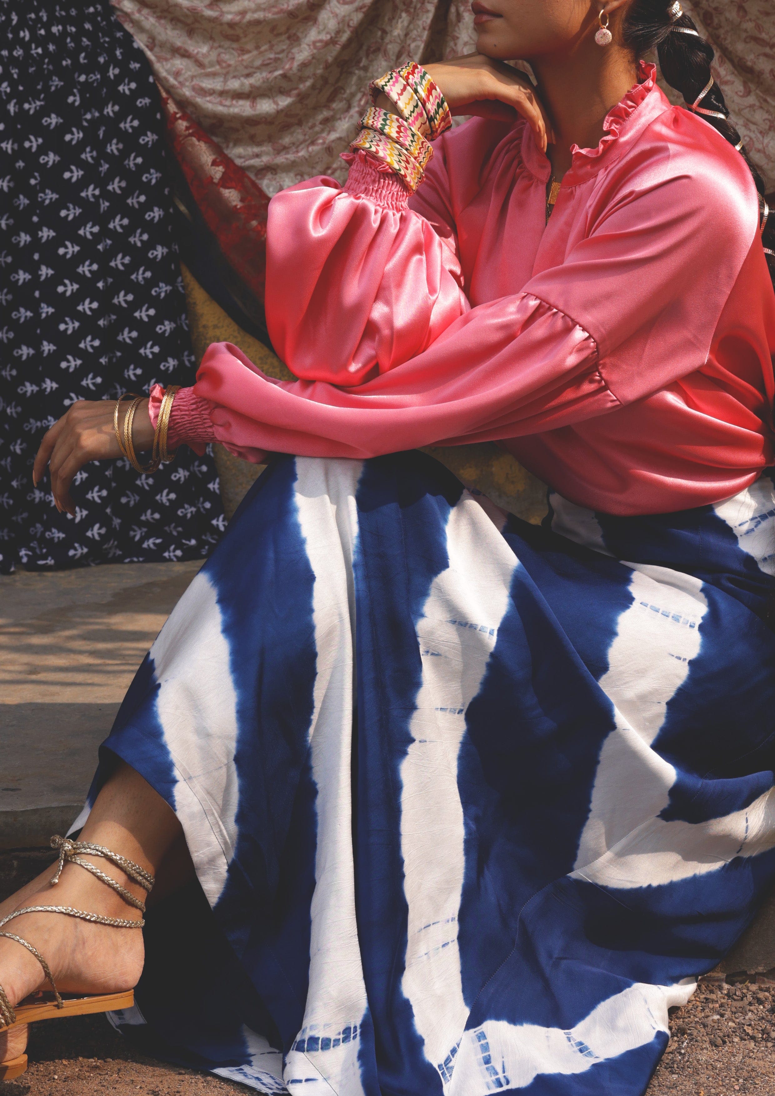 Indigo Leheriya Rani skirt by The Raw India featuring traditional Indian patterns and flowing fabric.