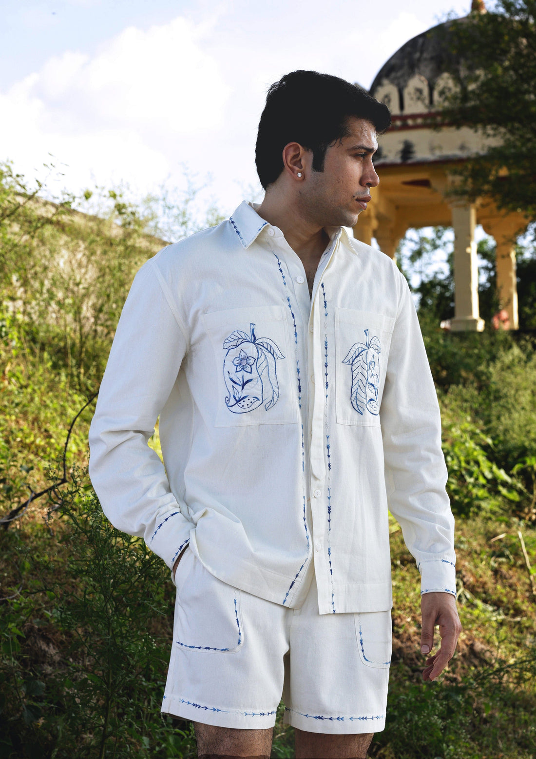 Sawai Shacket by The Raw India with mango applique design, featuring a stylish jacket with intricate embroidery and casual fit.