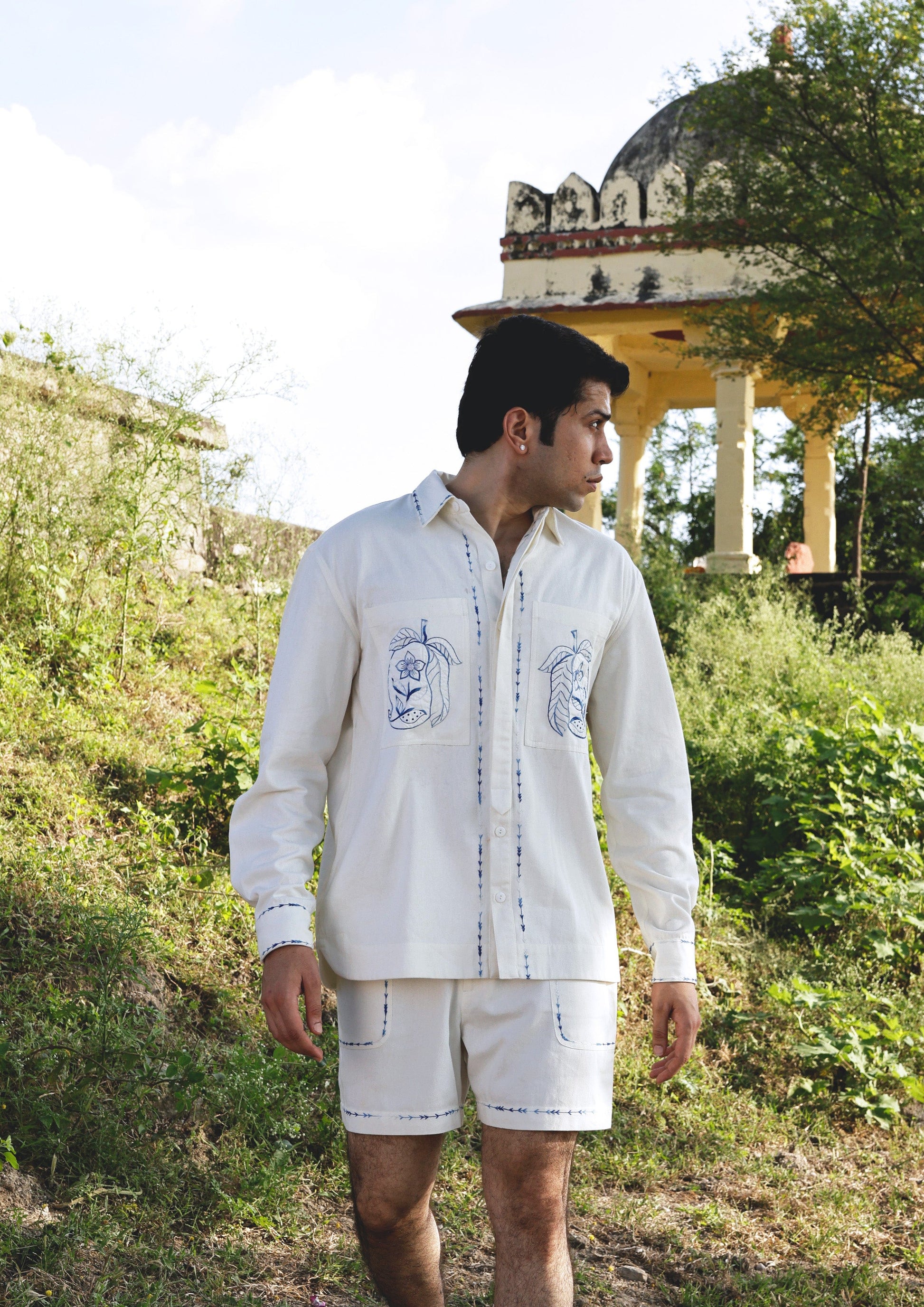 Sawai Shacket by The Raw India featuring mango applique design, stylish jacket with intricate embroidery and modern silhouette.
