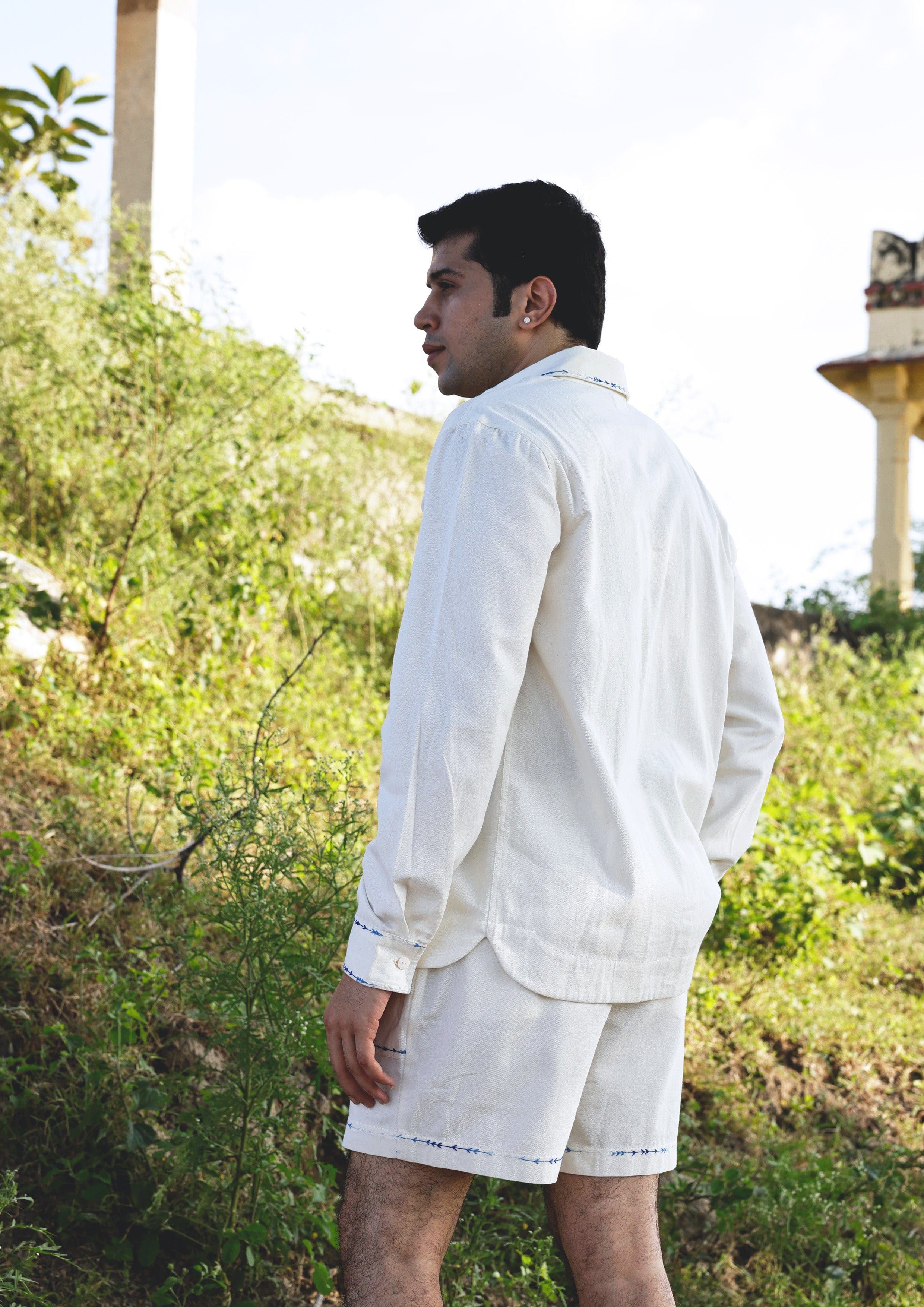 Sawai shacket by The Raw India featuring mango-colored fabric with decorative applique details, stylish jacket for casual wear