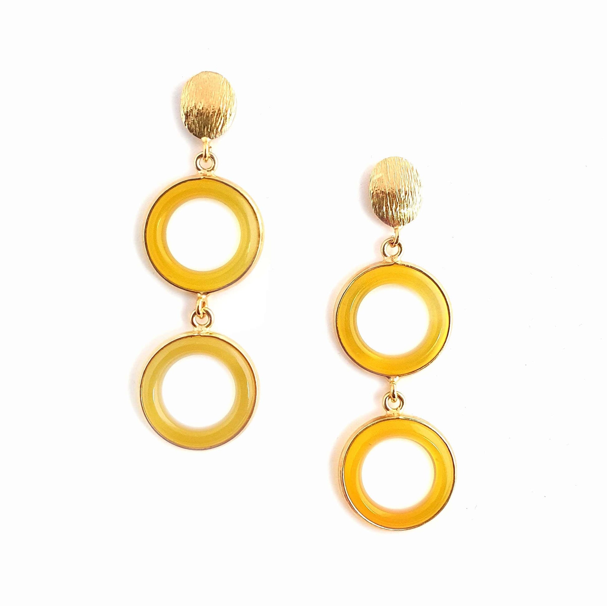 Yellow earrings from Bombaybirds Syshai collection, featuring stylish and lightweight design with intricate details.