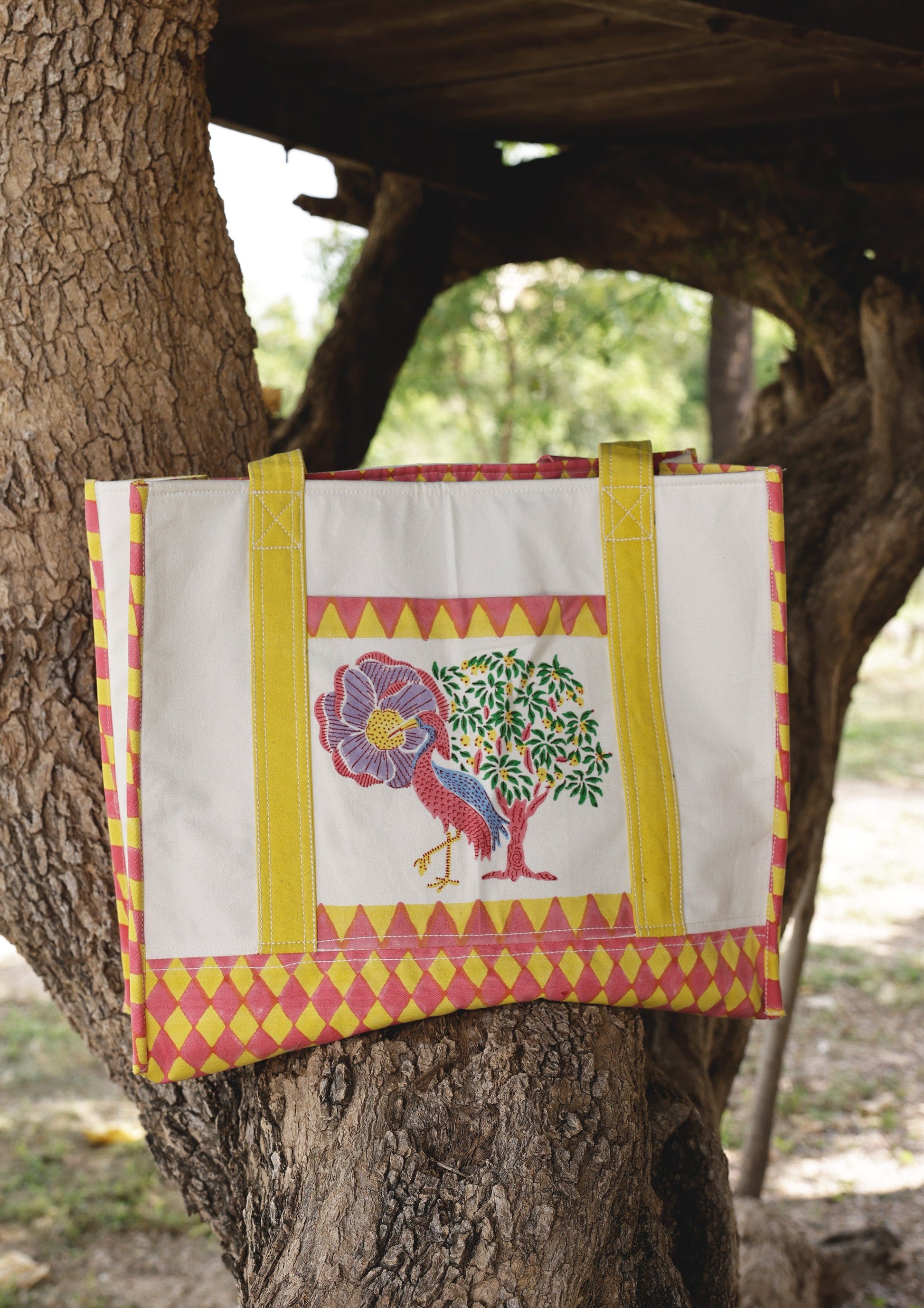 The Raw India tote bag featuring a Saras Crane design, made of durable fabric with sturdy handles and a spacious interior.