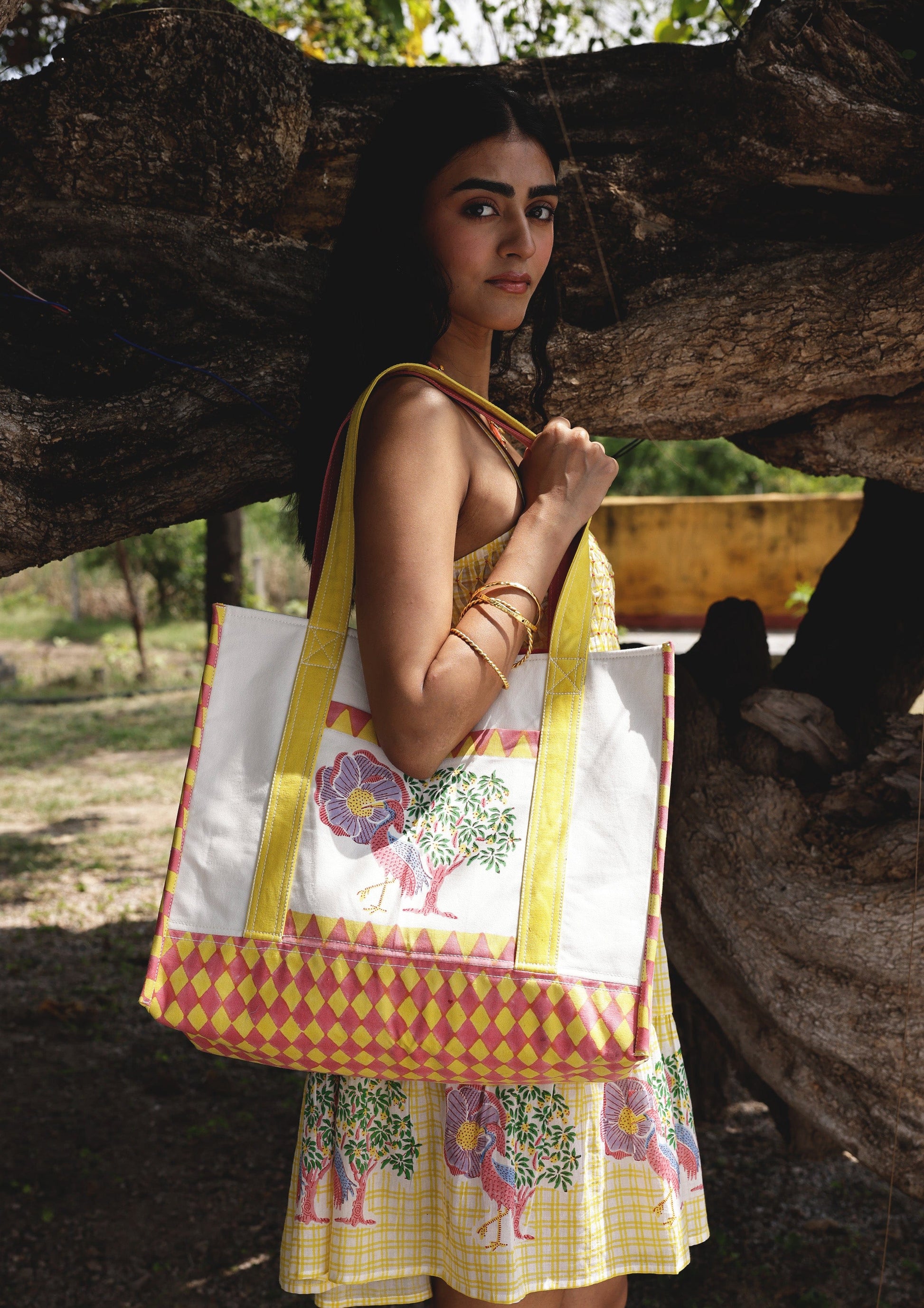 The Raw India tote bag featuring a Saras Crane design with sturdy handles and spacious interior, ideal for everyday use.