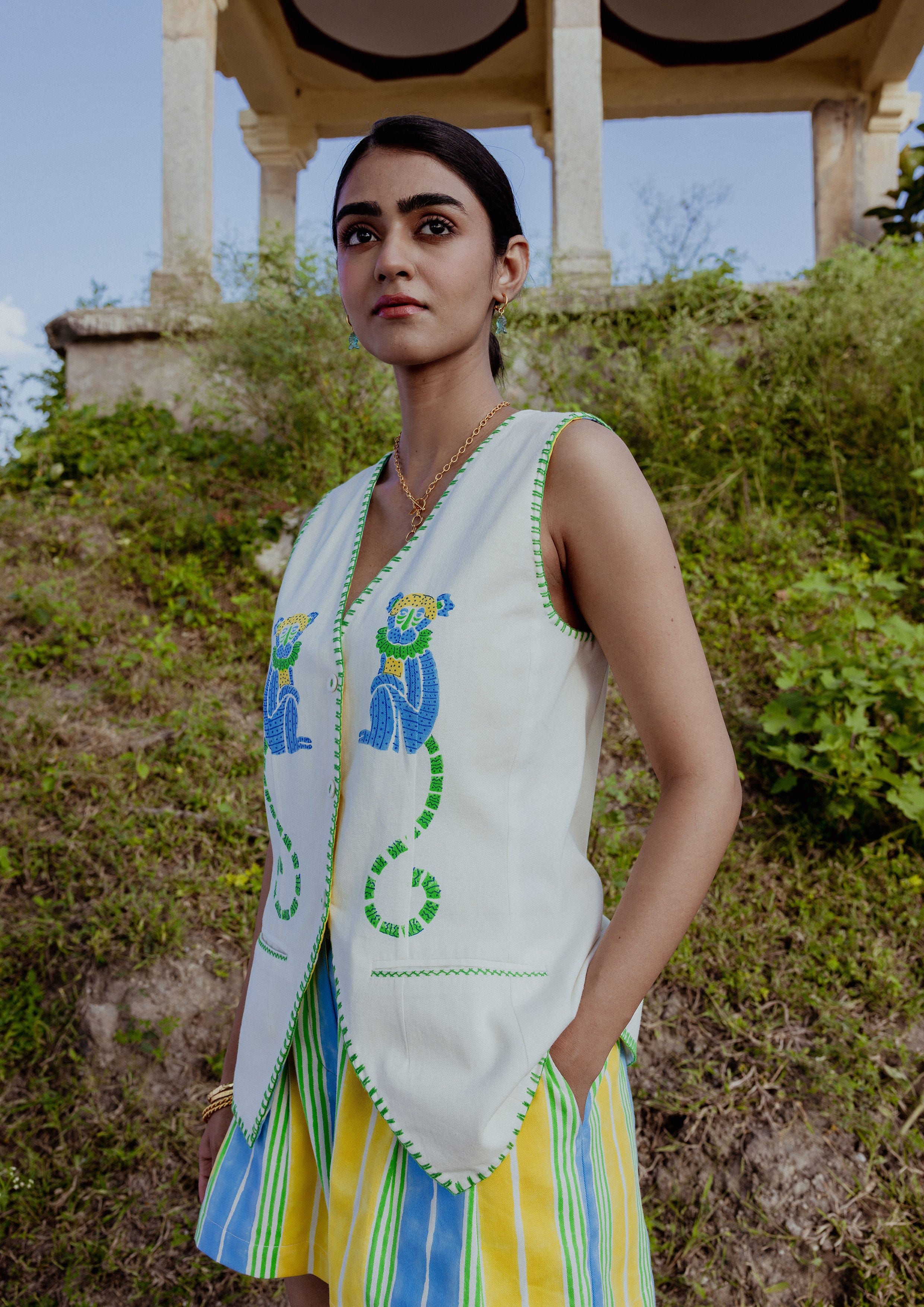 Vrinda vest top by The Raw India featuring monkey block print and sleeveless design, perfect for casual summer wear.