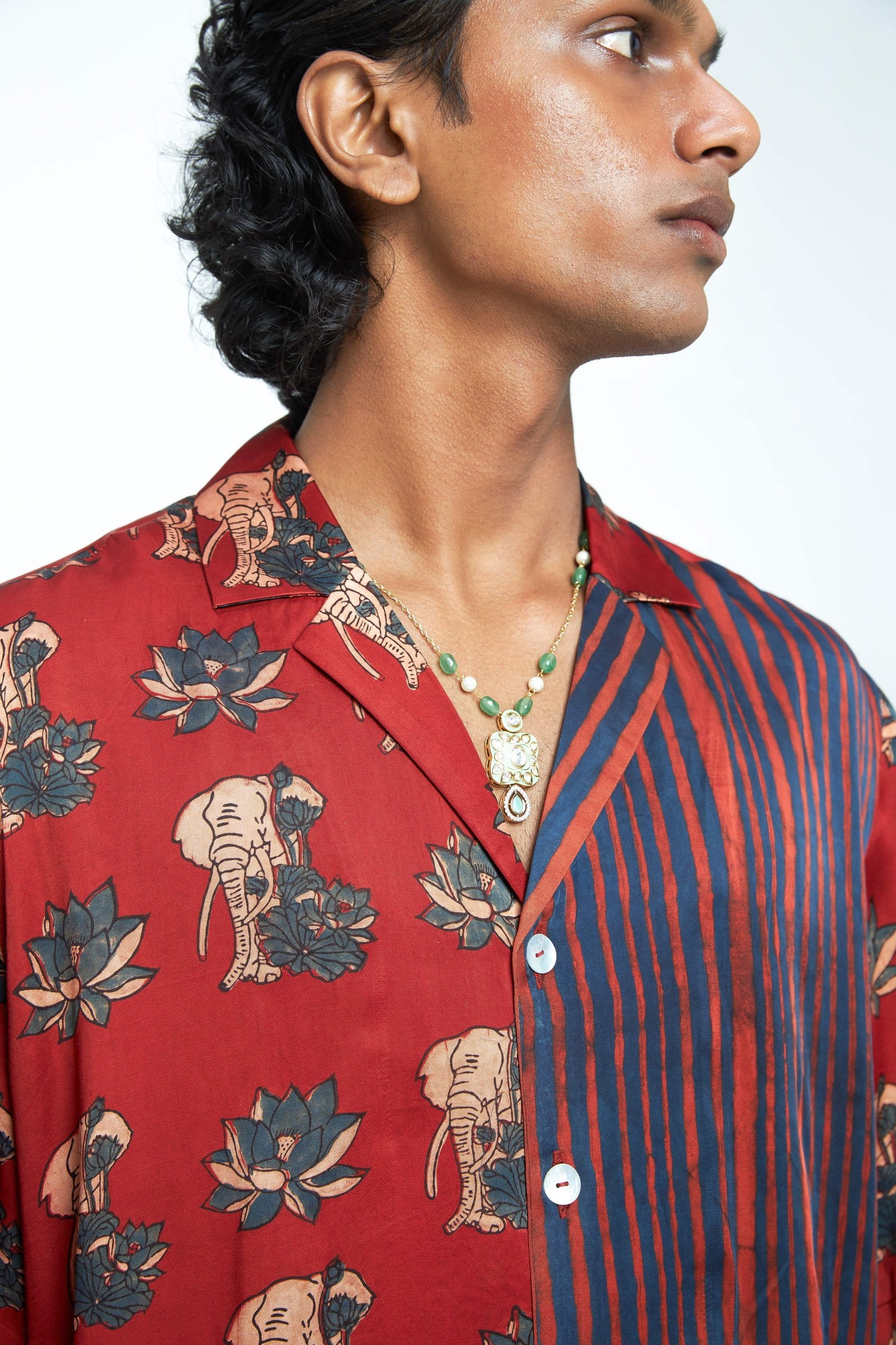 Close-up of a Giant Lotus shirt by Anushe Pirani, showcasing intricate fabric details and elegant design.