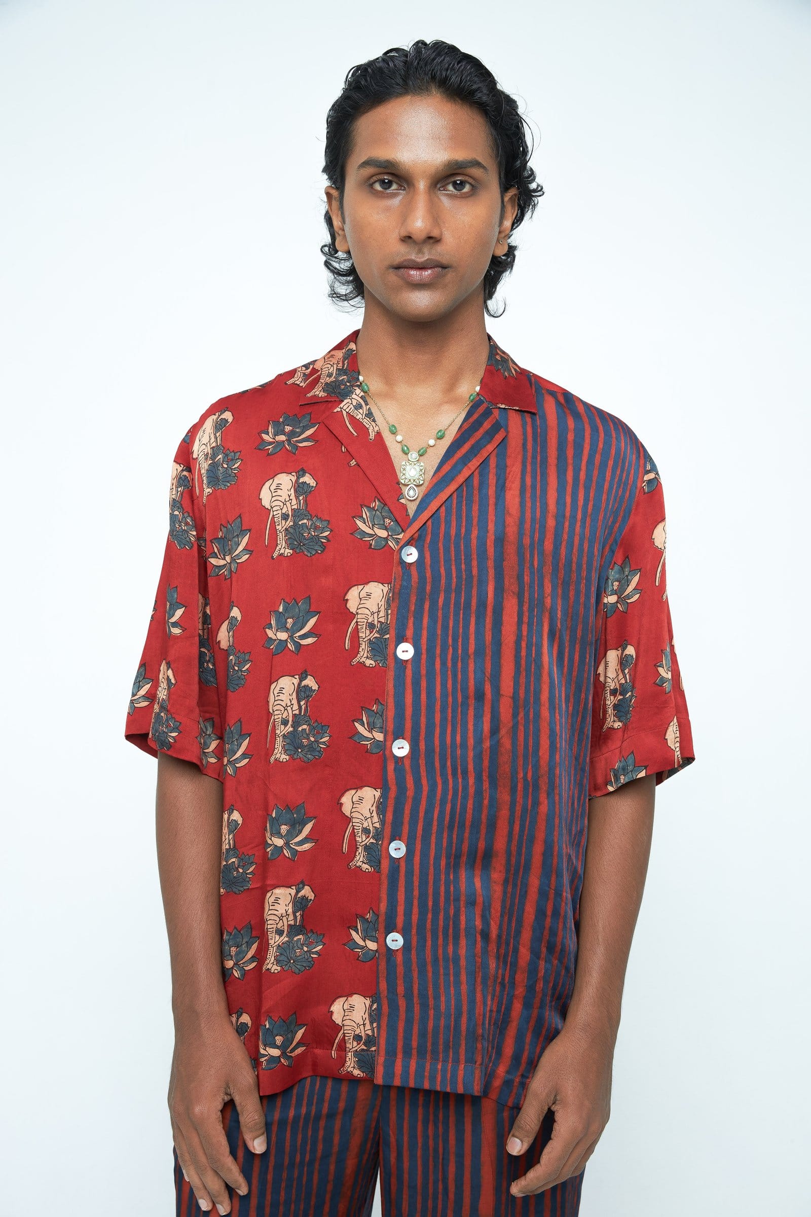 Front view of Anushe Pirani Giant Lotus shirt featuring a bold lotus flower design on a stylish shirt.