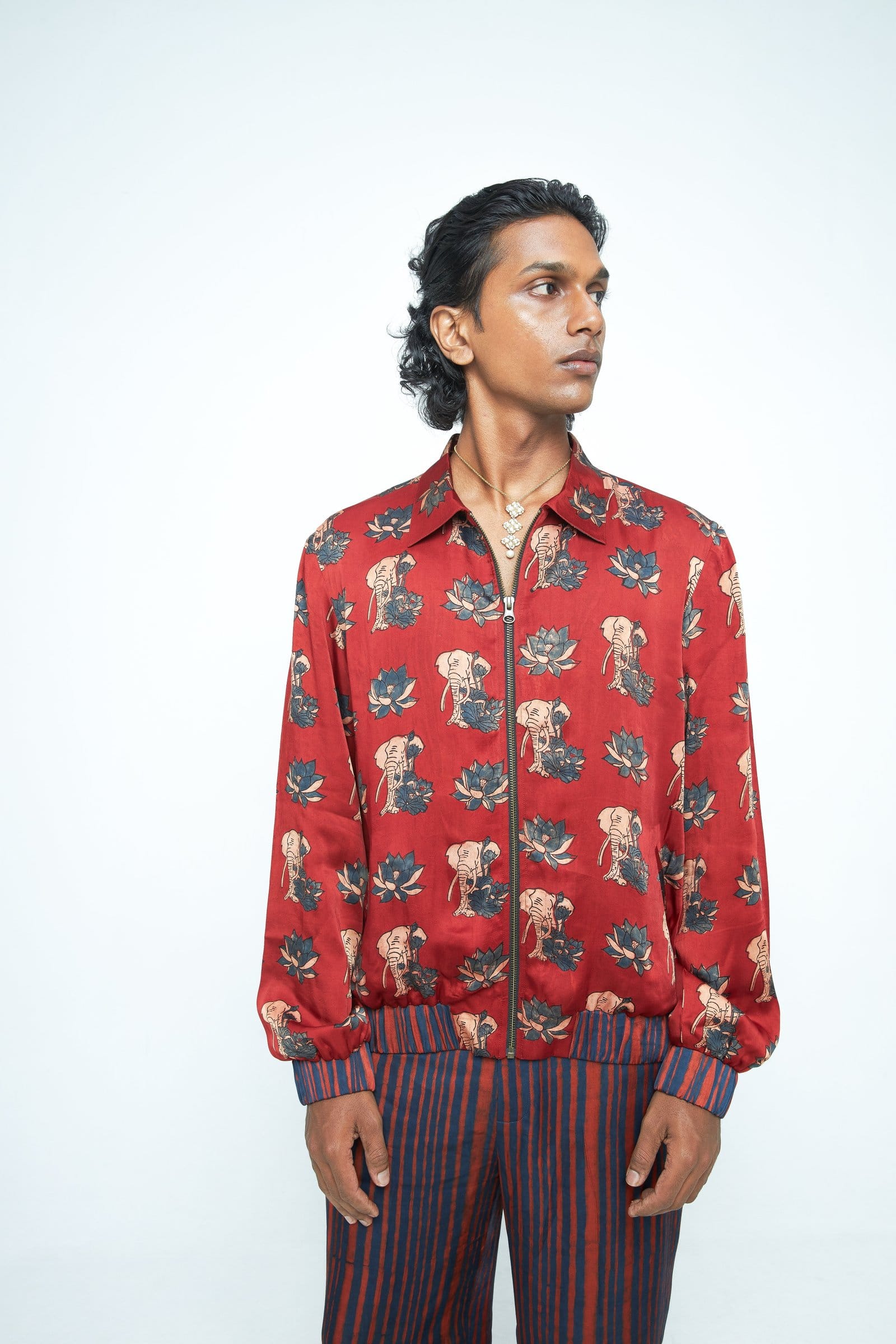 Rustic bomber jacket by Anushe Pirani featuring a textured design and front view, showcasing stylish casual outerwear.