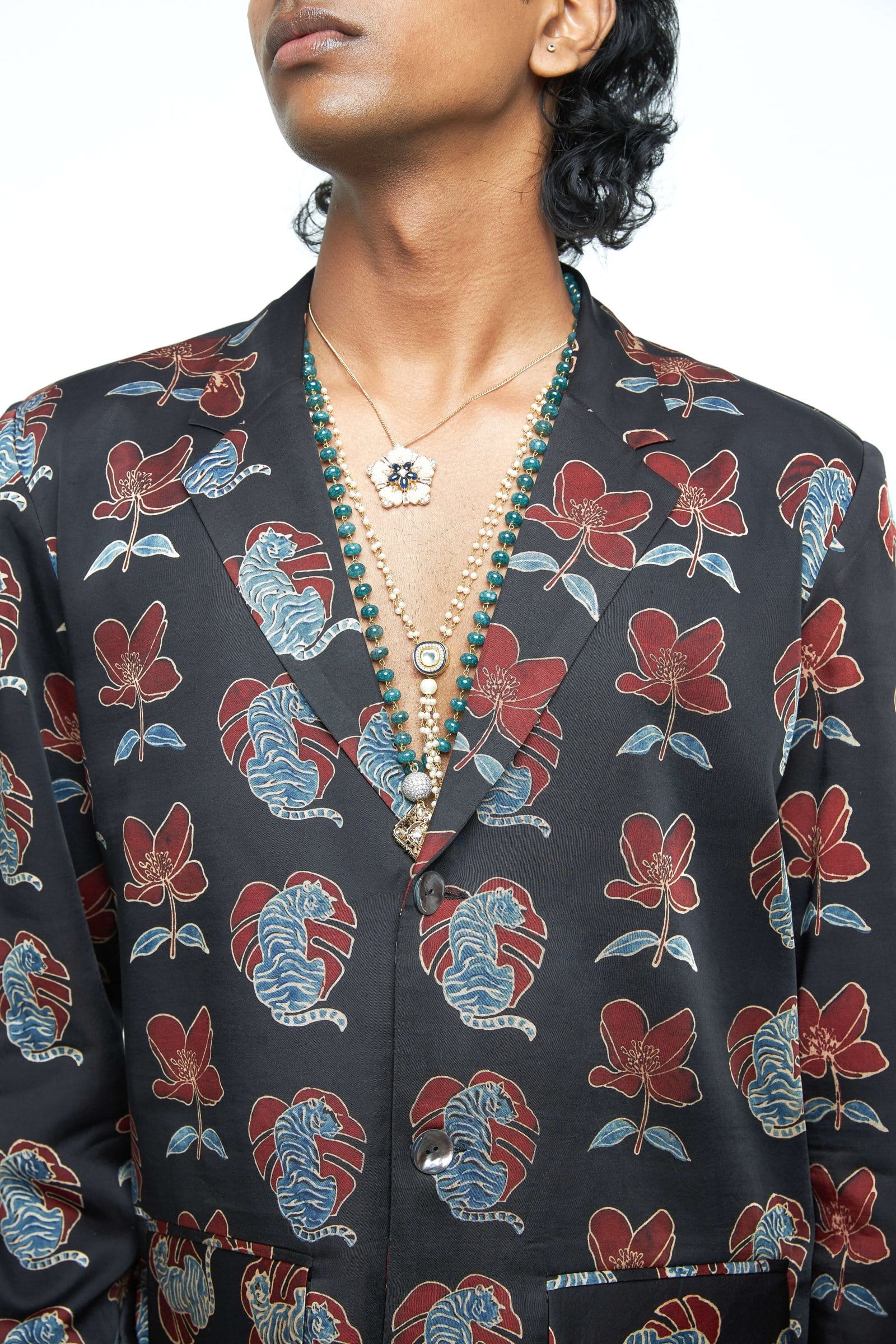Close-up of Anushe Pirani bold blazer showing detailed fabric texture and tailored fit.