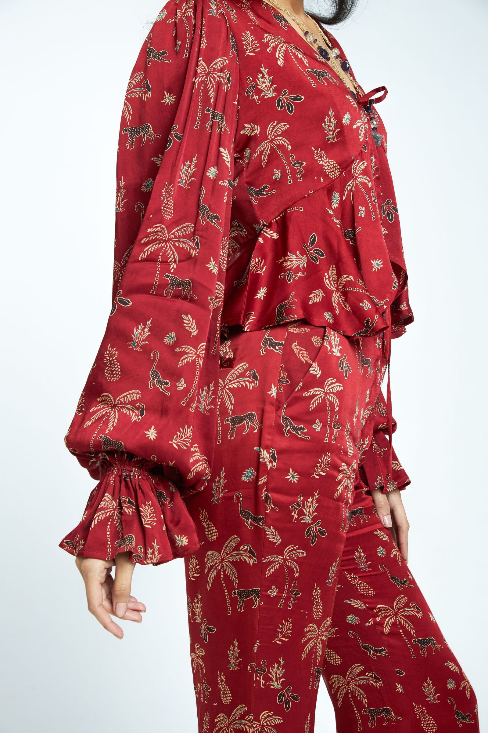 Close-up of the Anushe Pirani Cascade top featuring intricate details and elegant fabric in a stylish women's blouse.
