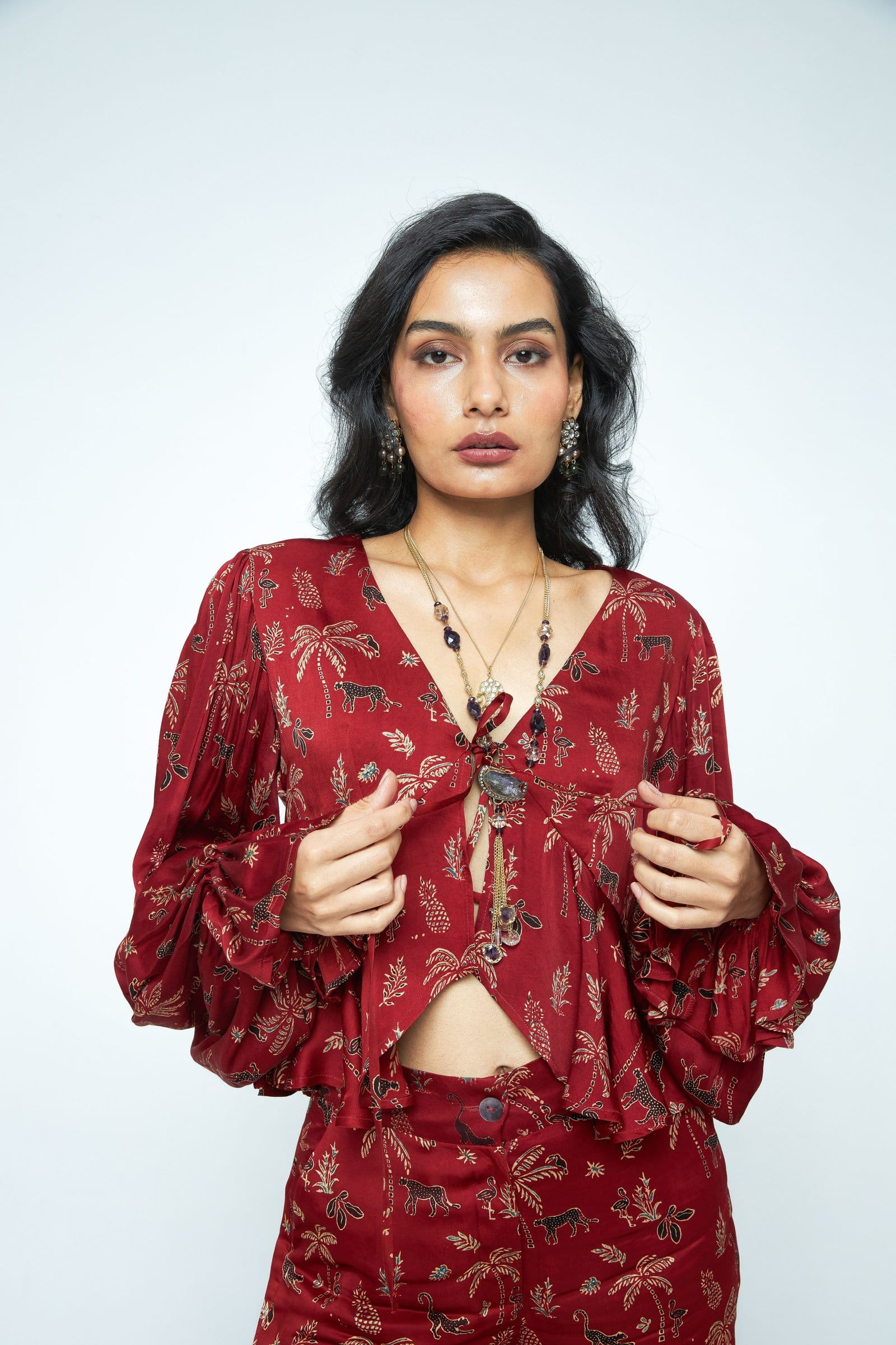 Anushe Pirani Cascade top, front view showcasing stylish design and fabric details of this elegant women's top.