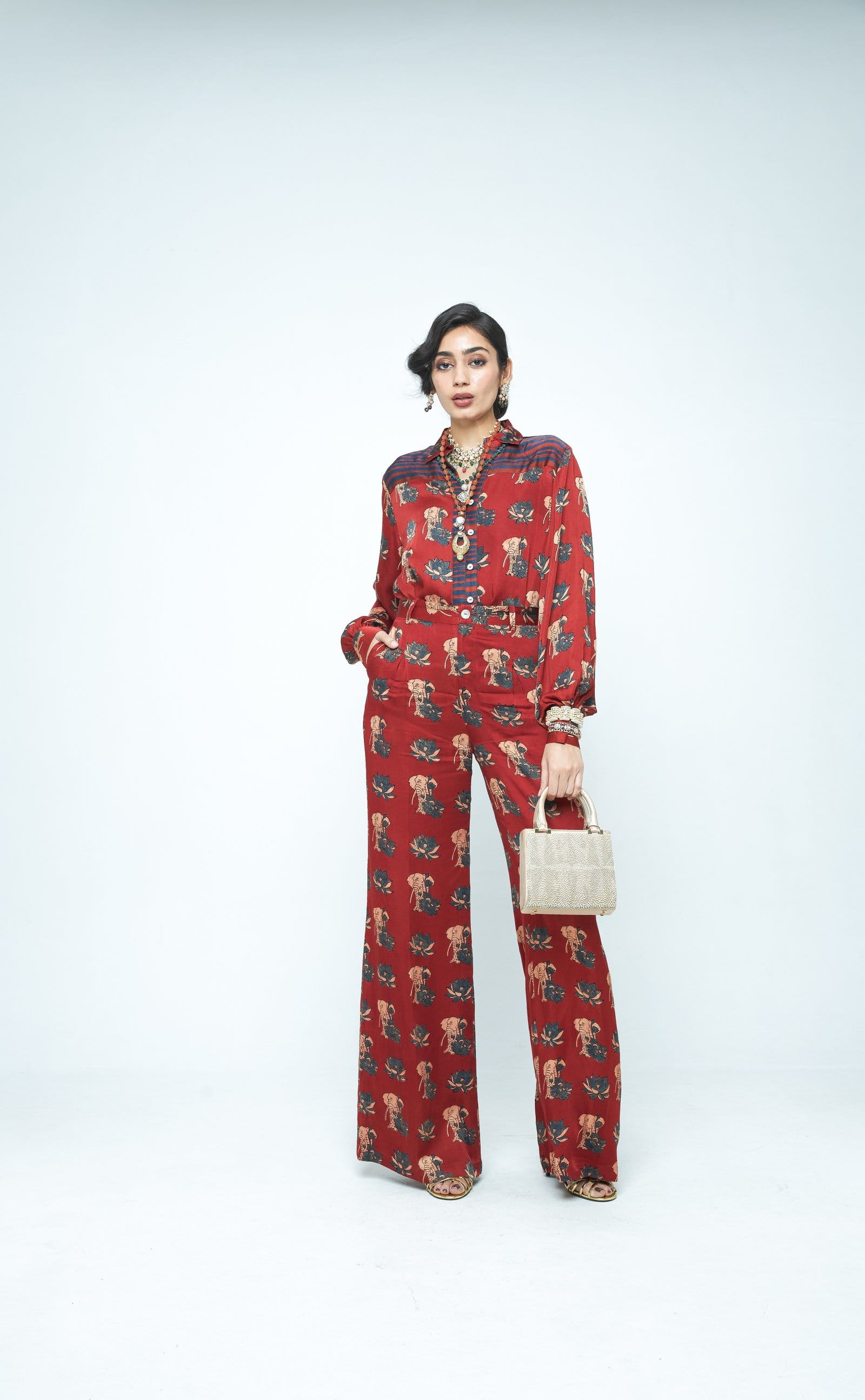 Front view of Anushe Pirani Lotus shirt, a stylish casual shirt with a vibrant lotus pattern.