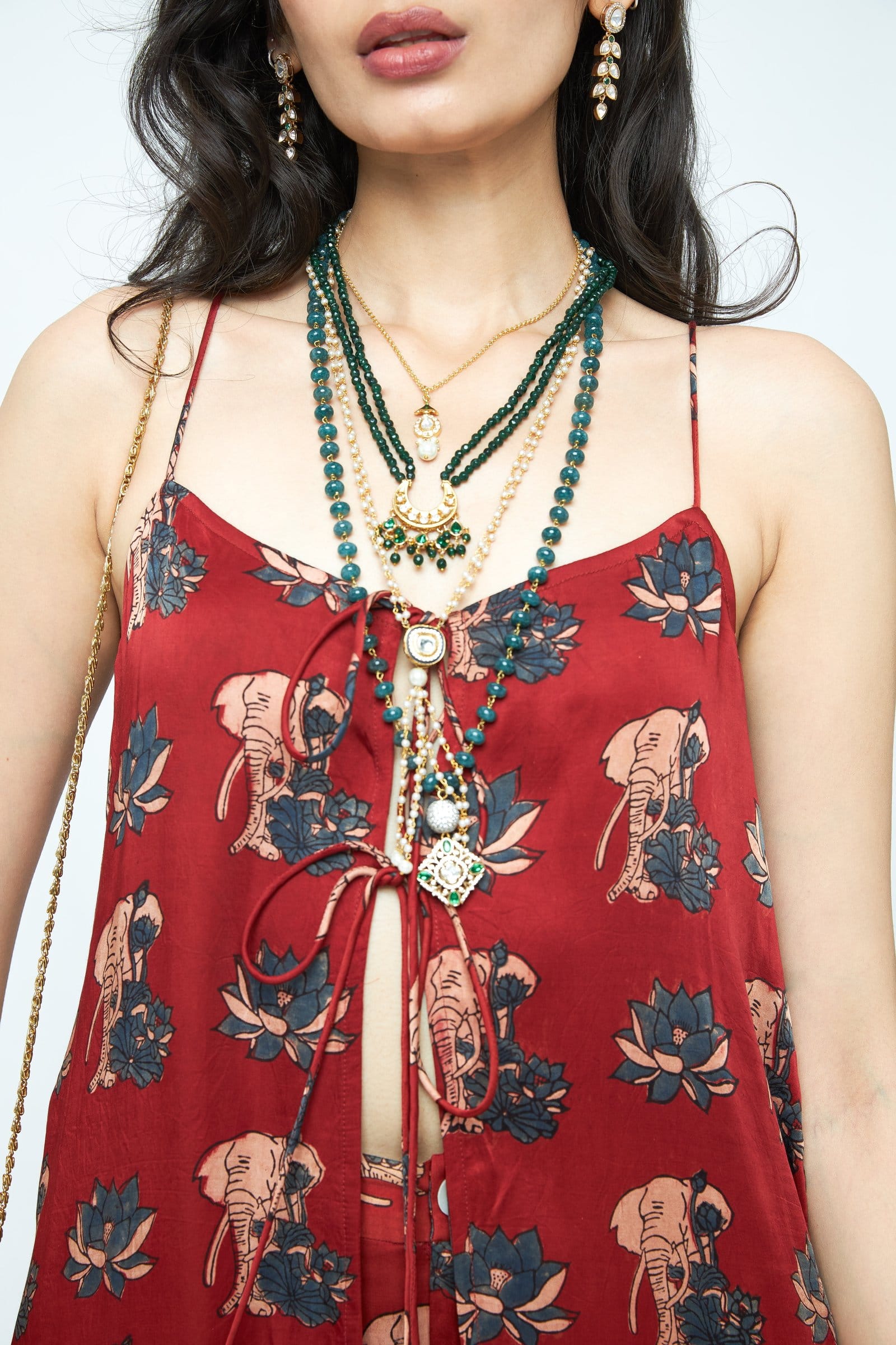 Close-up of a gentle, stylish tunic by Anushe Pirani, showing intricate fabric details and elegant design features.