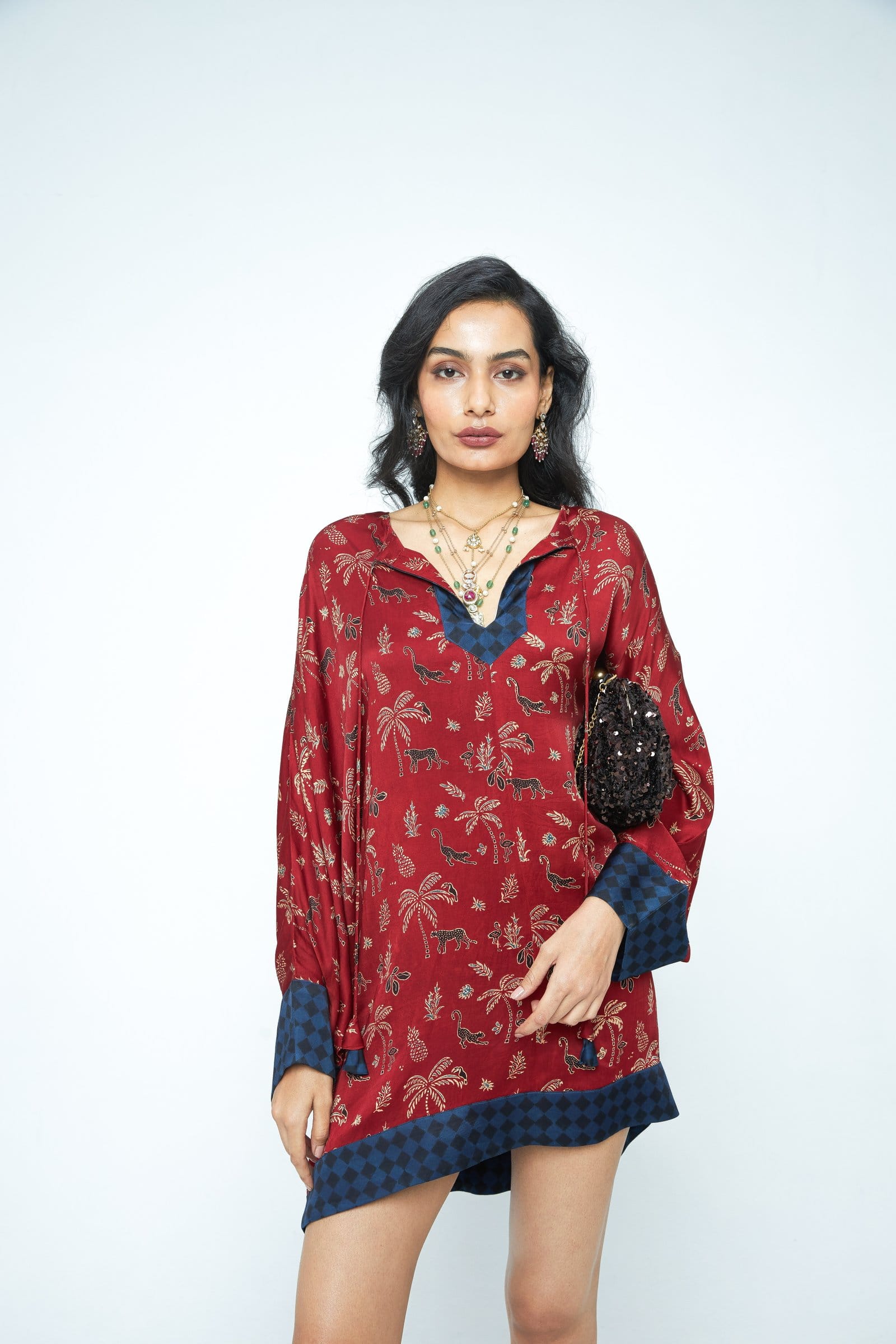 Anushe Pirani dolman sleeve tunic, front view showing flowing fabric and relaxed fit in a stylish design.