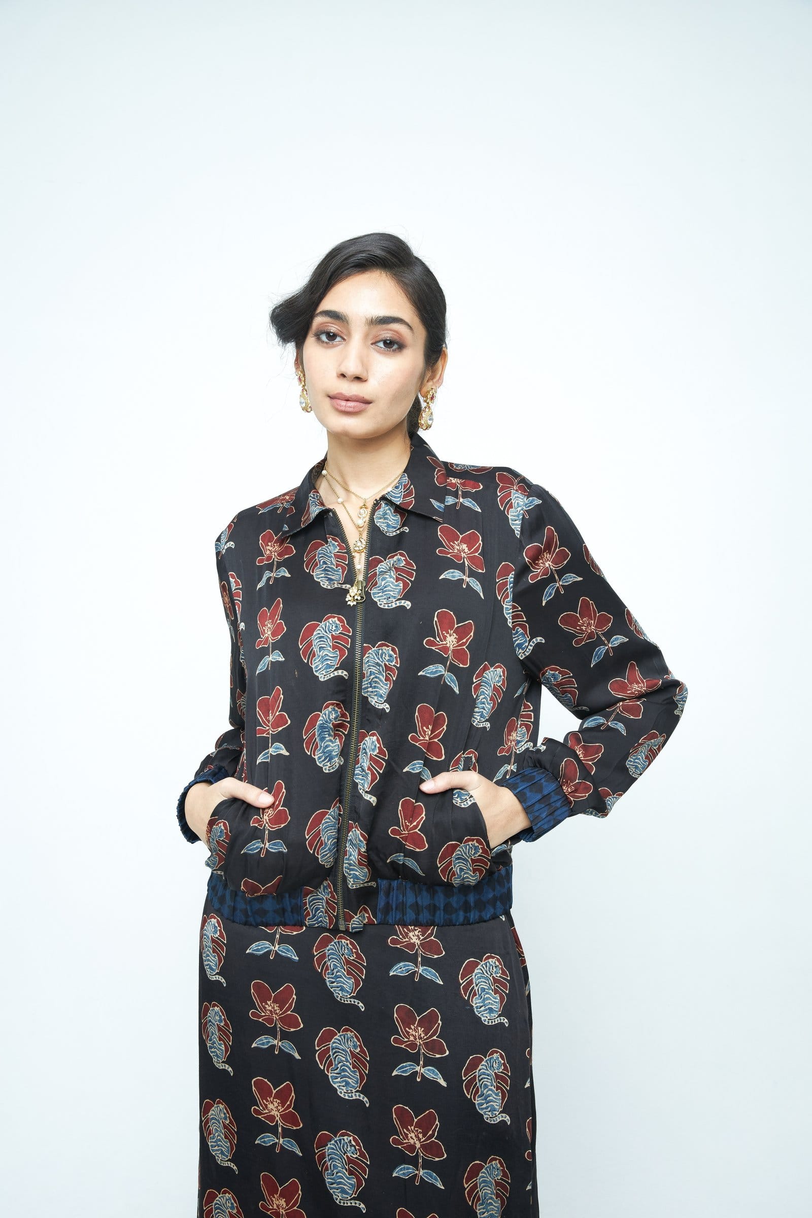 Anushe Pirani Beast bomber jacket displayed from the front, featuring a stylish design and high-quality fabric.