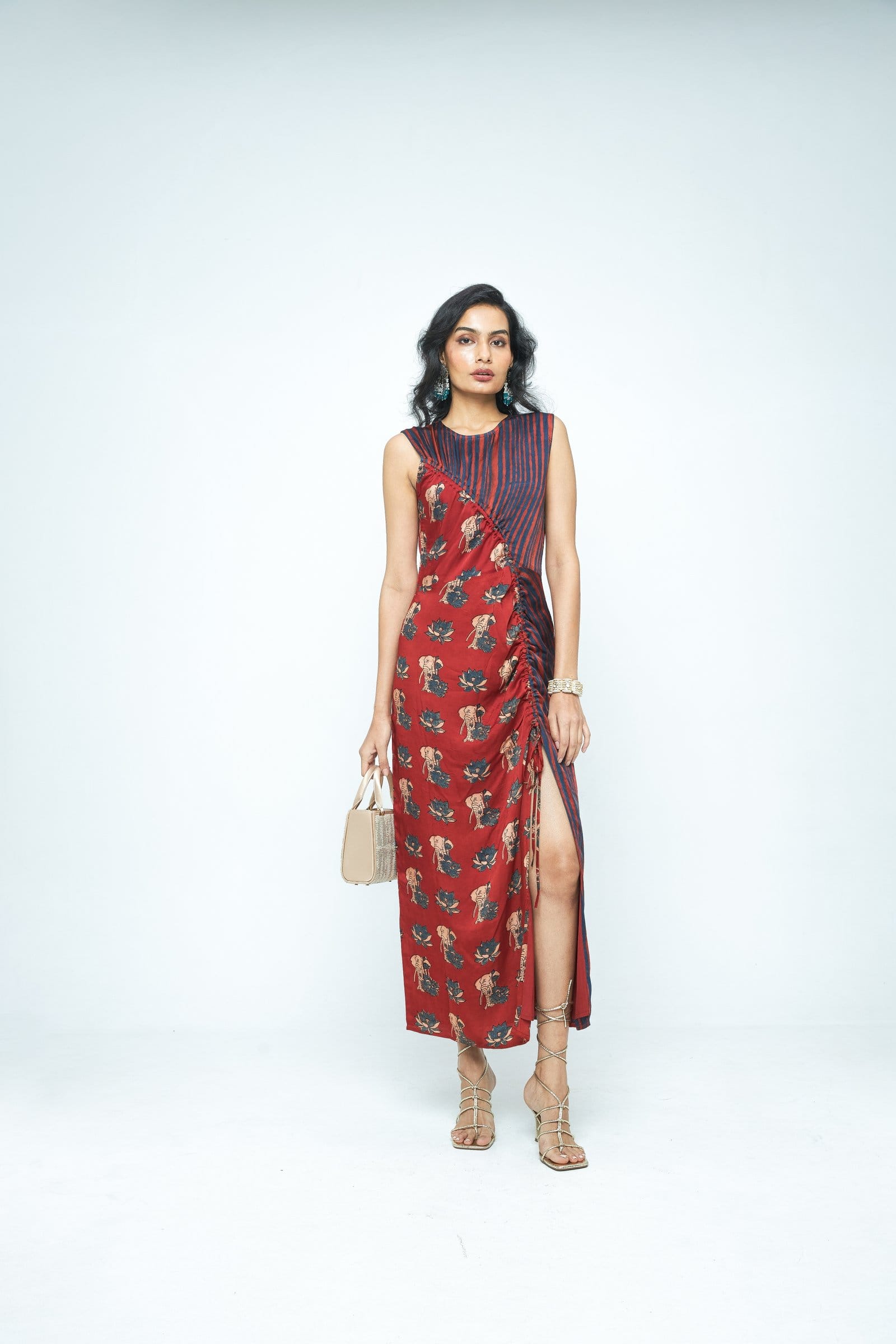 Anushe Pirani Ruché dress shown from the front, featuring elegant ruching details and a stylish, fitted design.