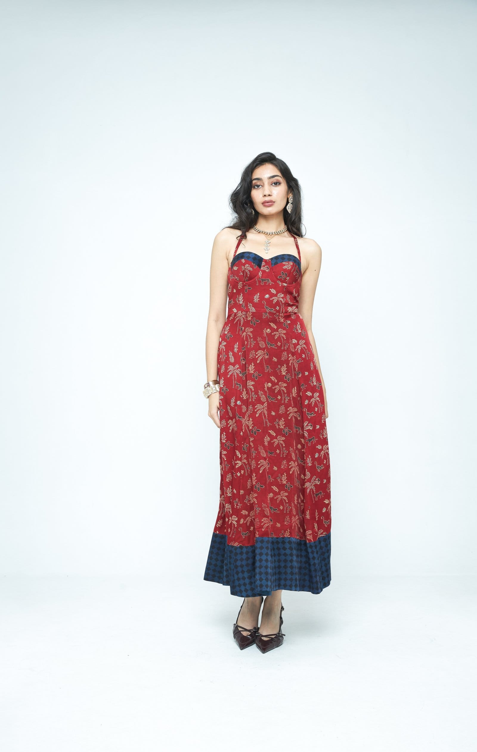 Anushe Pirani parade flare dress with a flowing silhouette, front view showcasing vibrant fabric and stylish design.