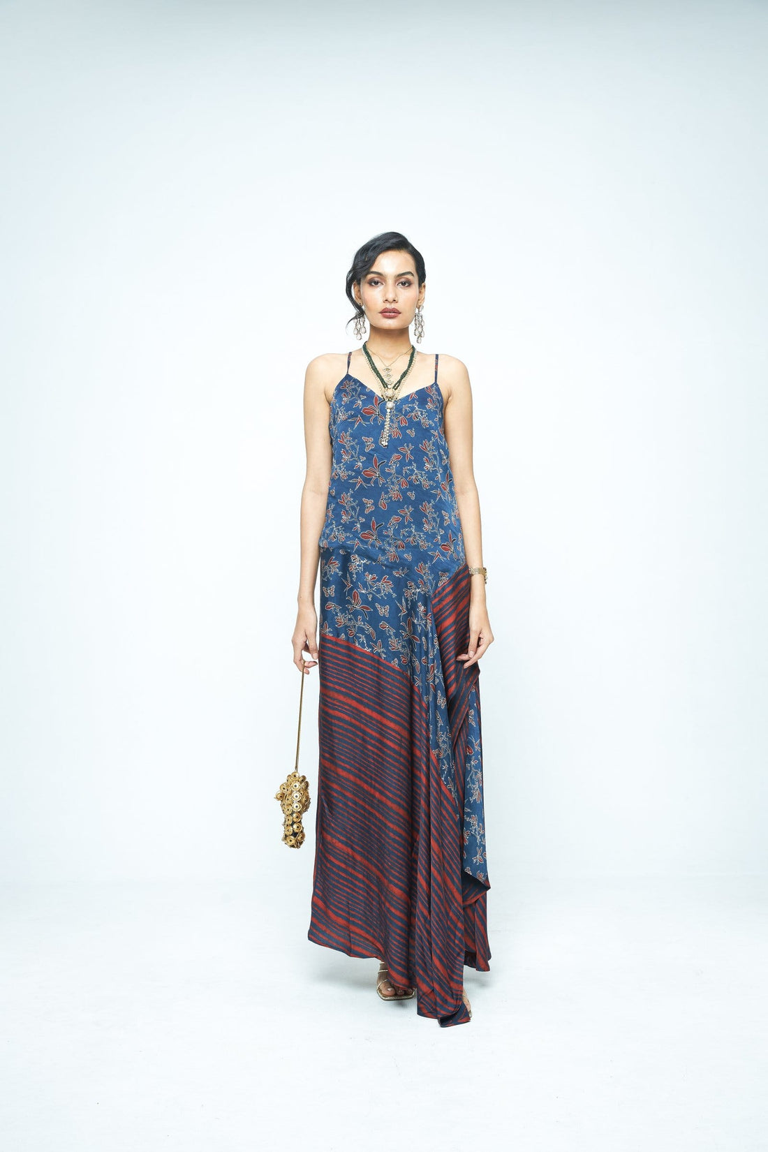 Anushe Pirani Flutter dress featuring a flowing design with vibrant colors and intricate patterns, front view.