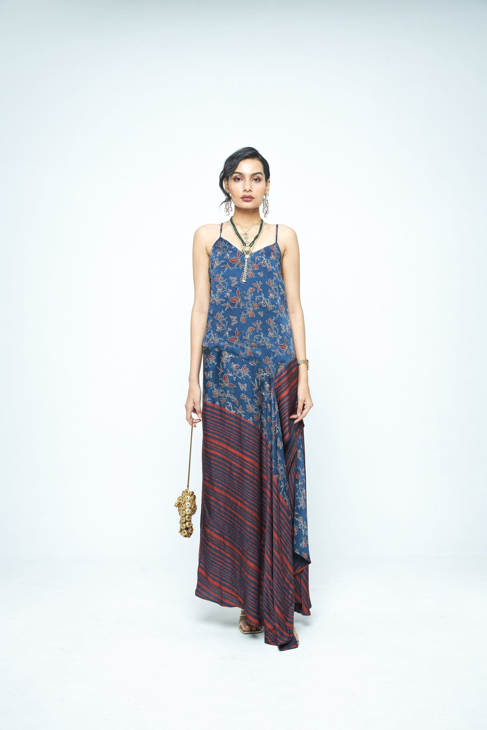 Anushe Pirani Flutter dress featuring a flowing design with vibrant colors and intricate patterns, front view.