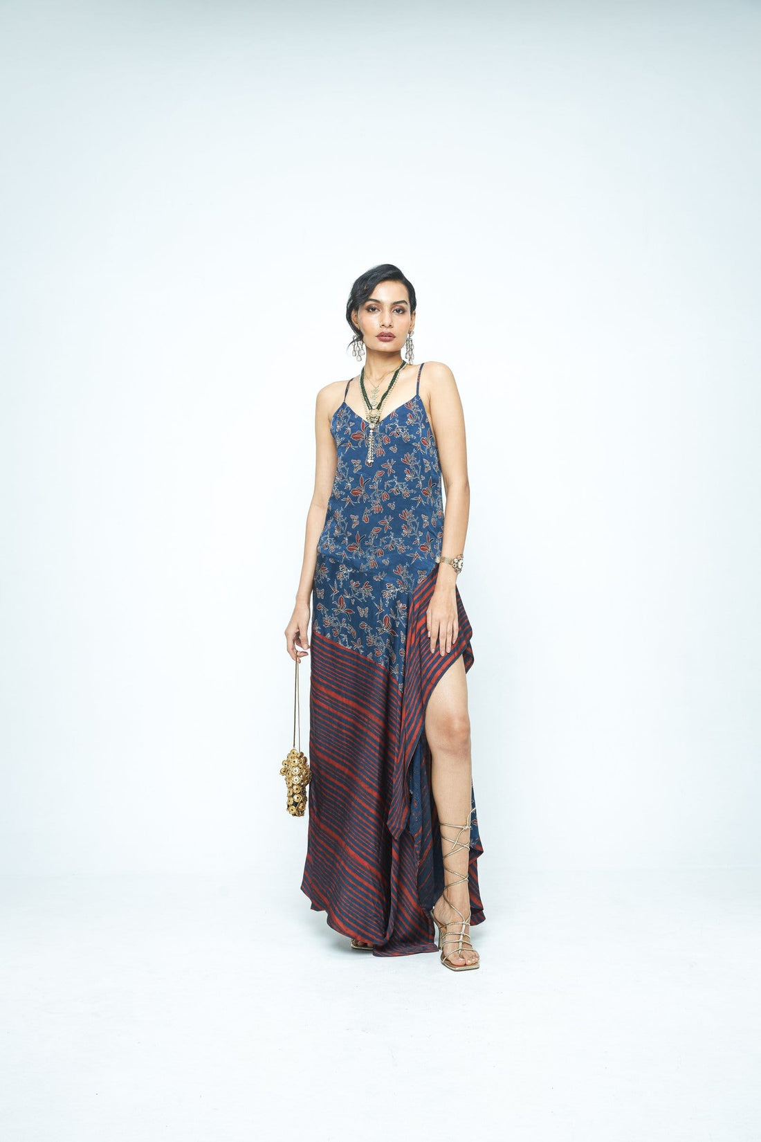 Anushe Pirani Flutter dress featuring a flowing design with vibrant colors and intricate patterns, front view.