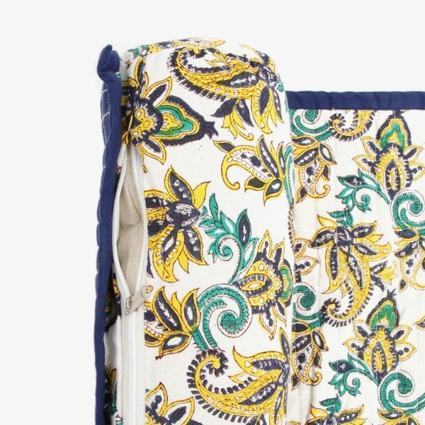 Blue chintz beach mat by Bombaybirds featuring a vibrant floral pattern on lightweight fabric.