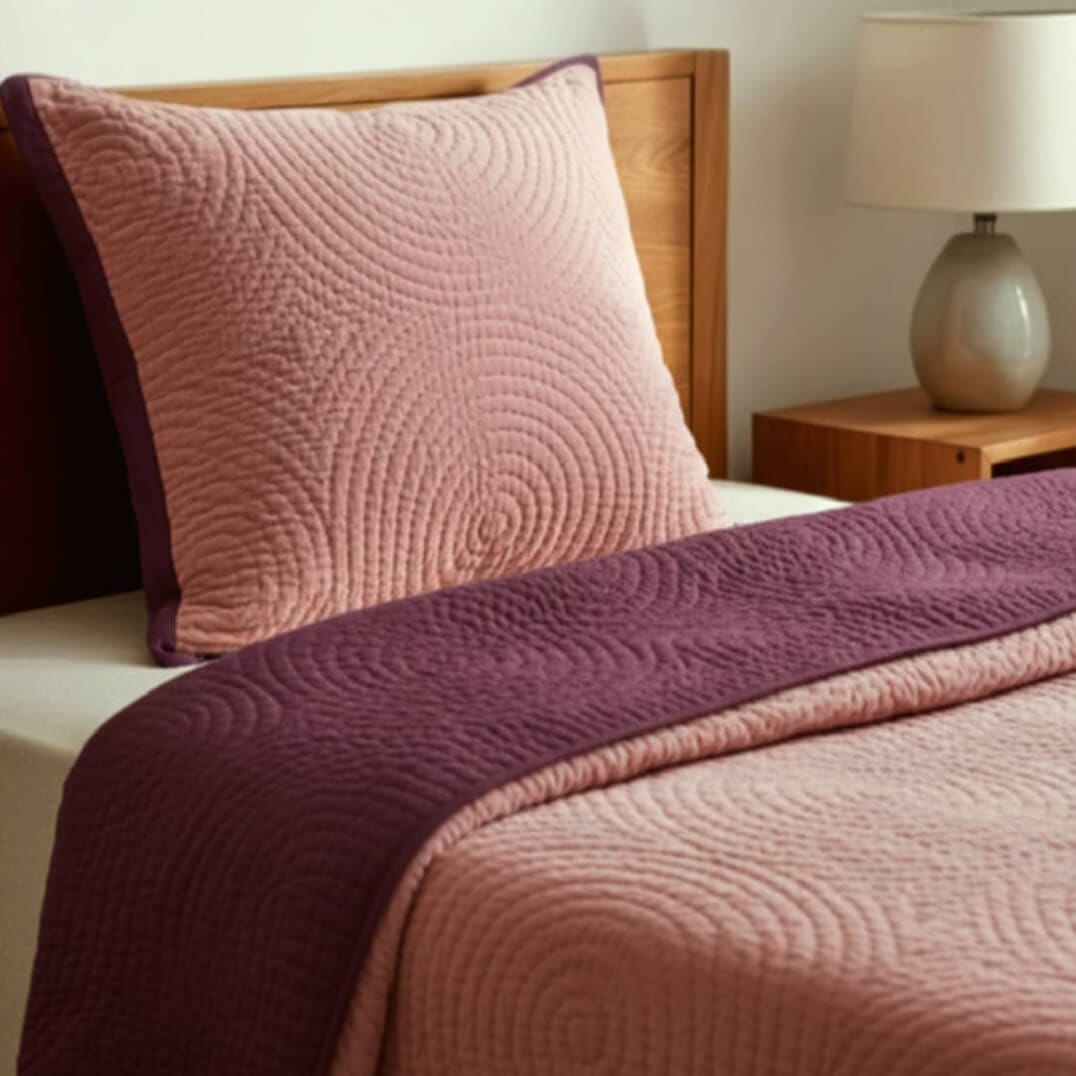 Pink velvet reversible quilt from Bombaybirds with berry pattern, soft and luxurious living bedding for cozy bedroom decor.