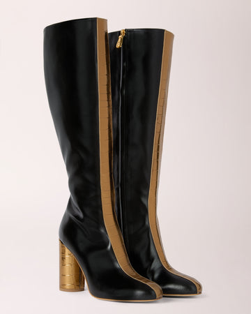 Couture Knee-High Boot | Black Grain & Gold Croc