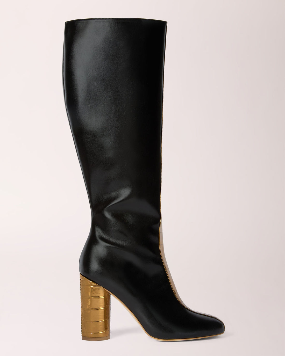 Couture-Kniehoher Stiefel | Schwarzes Narbenleder & Goldkrokodil