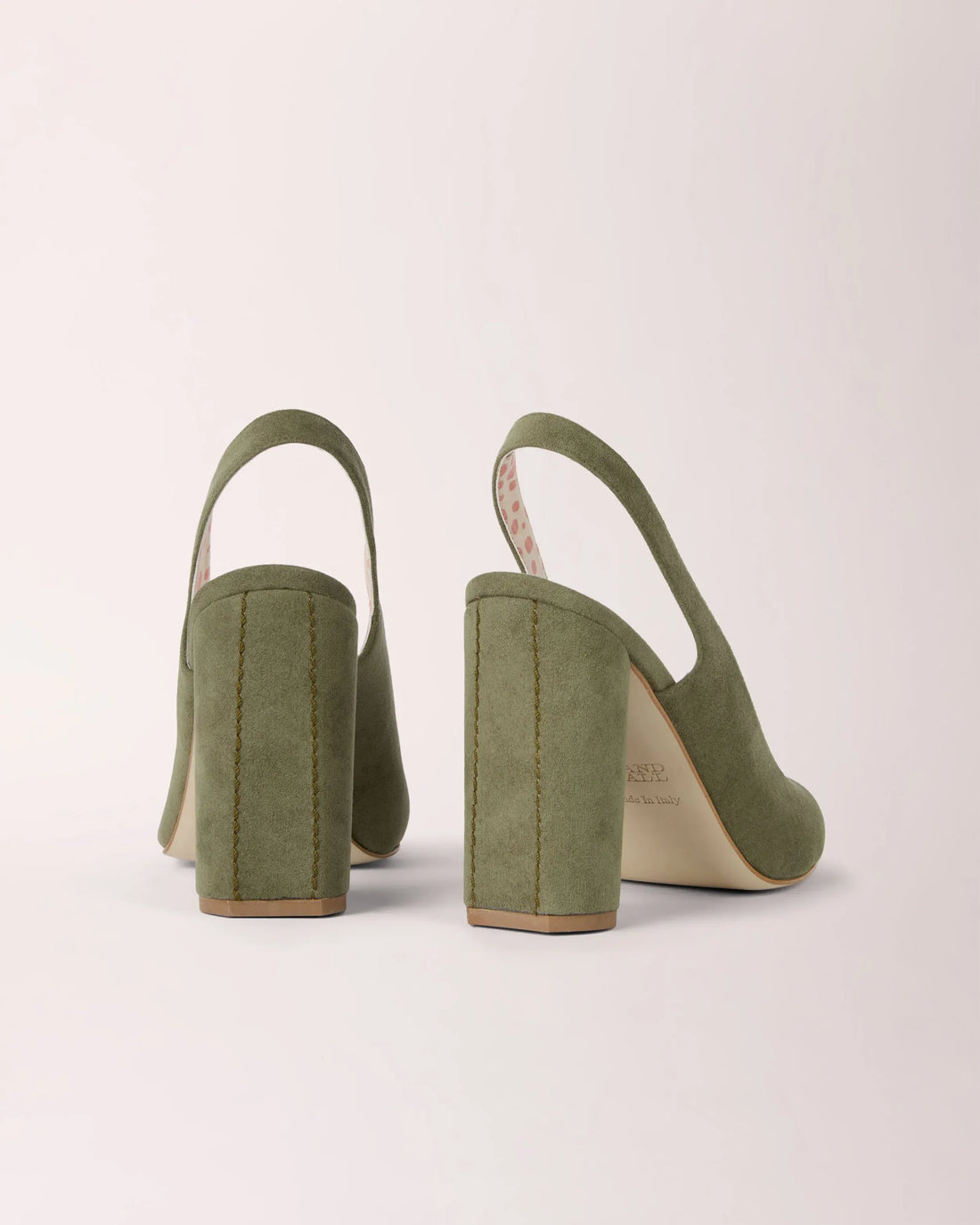 Sling-back Cheeletto in Lizard Green suede, vegan chunky-heel handcrafted in Italy by Cheetah Stories