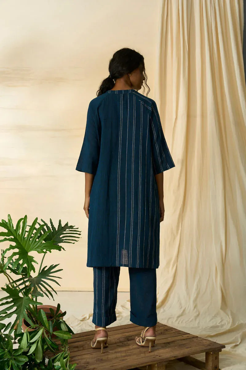 Alternative cobalt long shirt and trousers coord set, featuring matching top and wide-leg pants made from lightweight fabric.