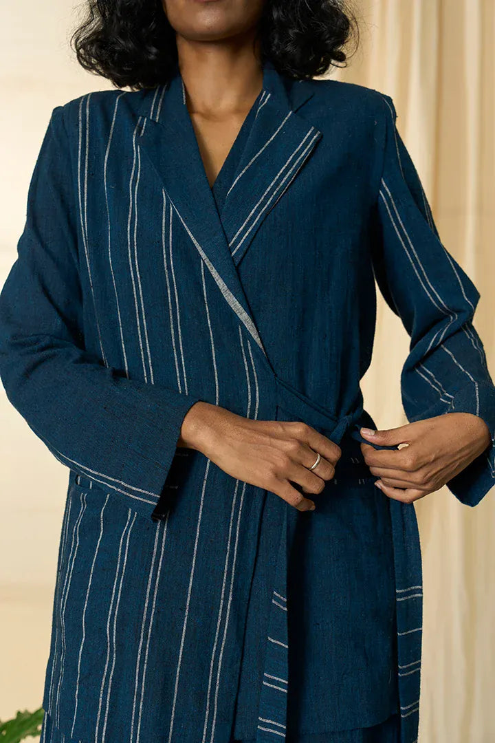 Cobalt blue tie-up blazer by Alternative featuring a fitted design, lapel collar, and stylish front tie detail.