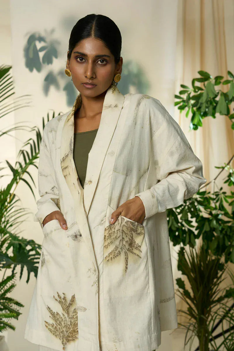 Alternative live leafy overlay jacket with vibrant green leafy design on a lightweight, casual jacket.
