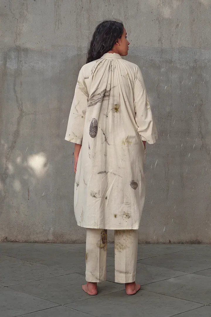 Alternative Live leafy khadi tent dress and pants coord set featuring a flowy, eco-friendly design in natural leafy print.