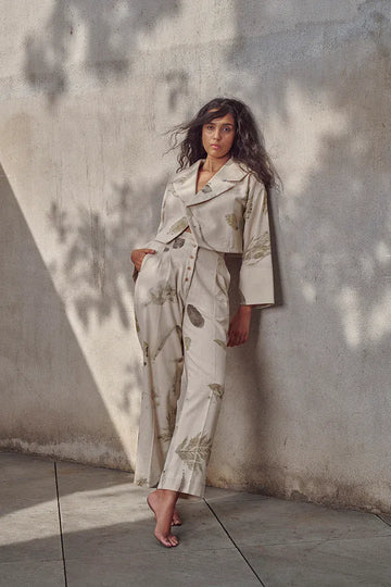 Alternative Live Leafy Khadi jacket featuring a natural leafy pattern and classic jacket style in eco-friendly fabric.