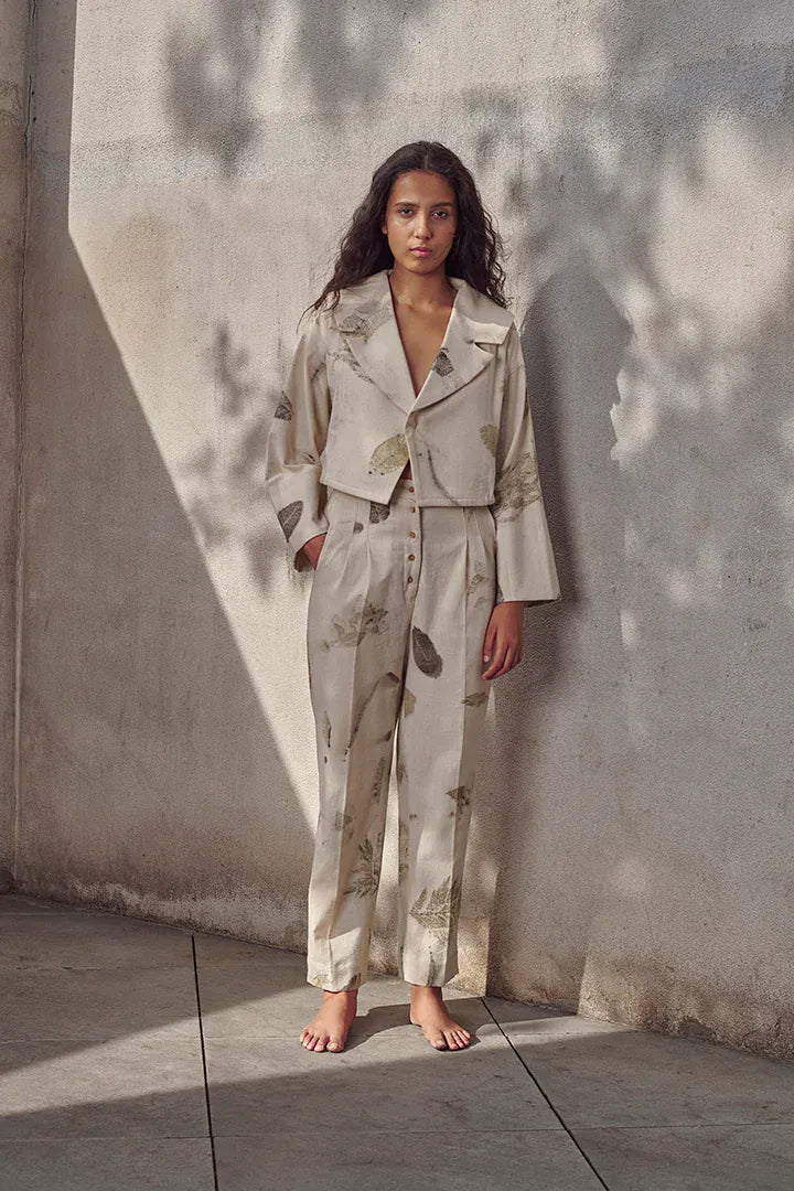 Alternative Live Leafy Khadi Jacket, casual jacket with leafy print, made from traditional khadi fabric, displayed on a hanger.