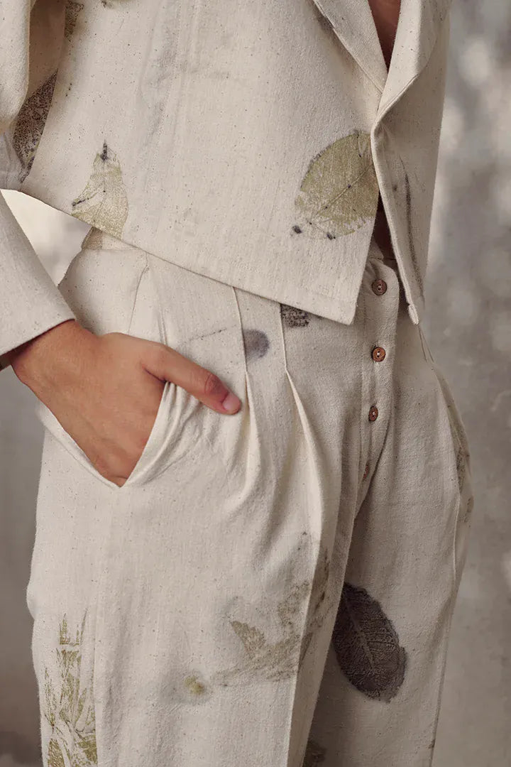 Alternative Live Leafy Khadi jacket, lightweight and natural-fiber jacket with leafy print, displayed on a hanger.