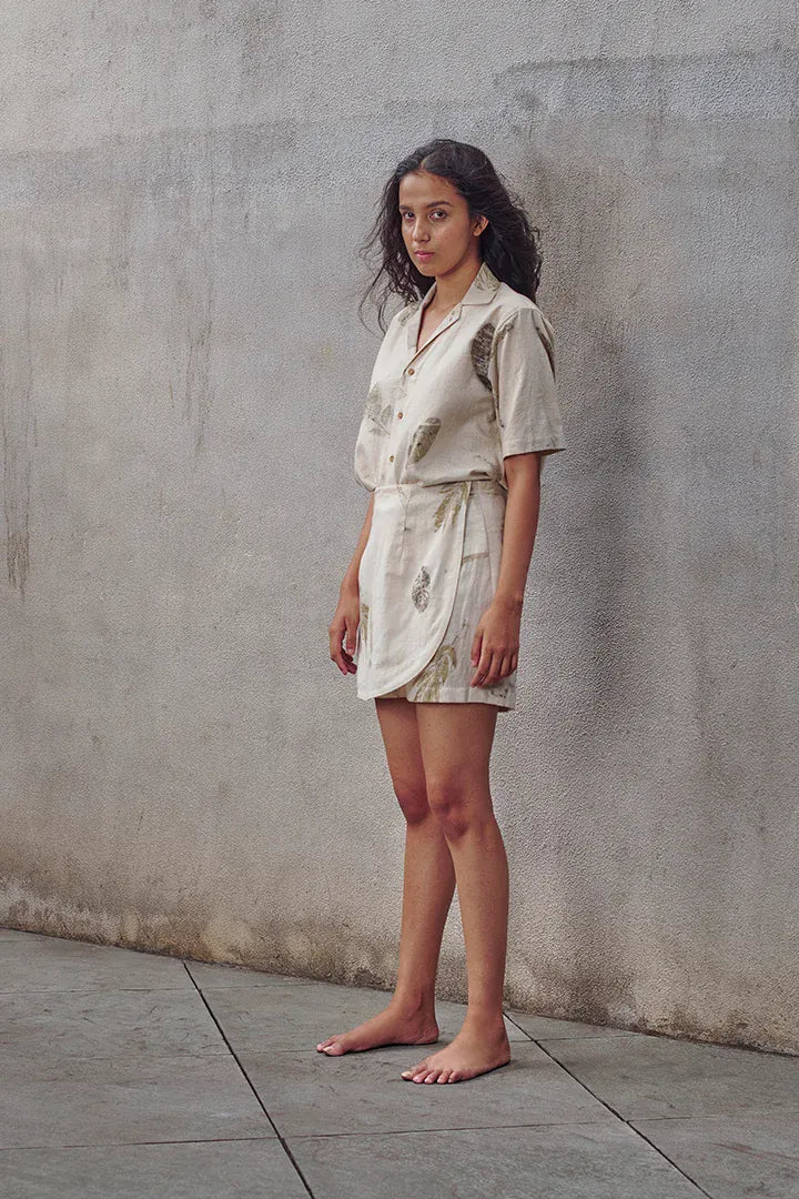 Alternative Live leafy khadi skort, casual shorts with leafy print, featuring a comfortable fit and natural fabric design.