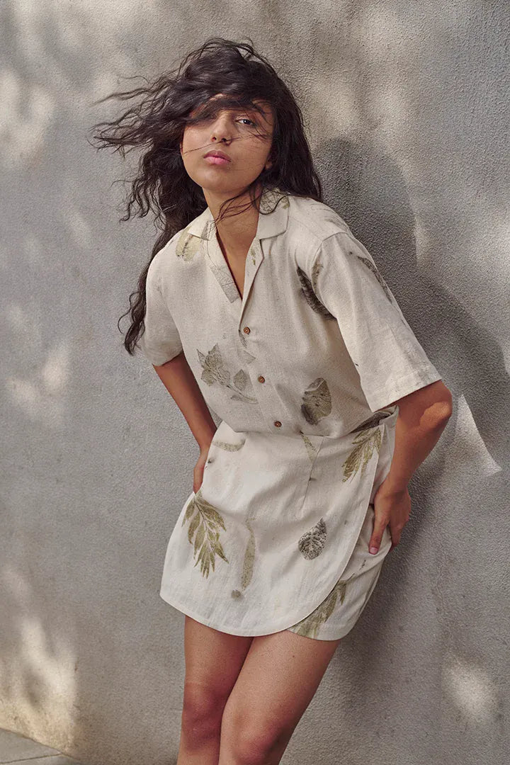 Alternative Live leafy khadi skort, casual shorts with leafy green pattern, lightweight and comfortable for everyday wear.