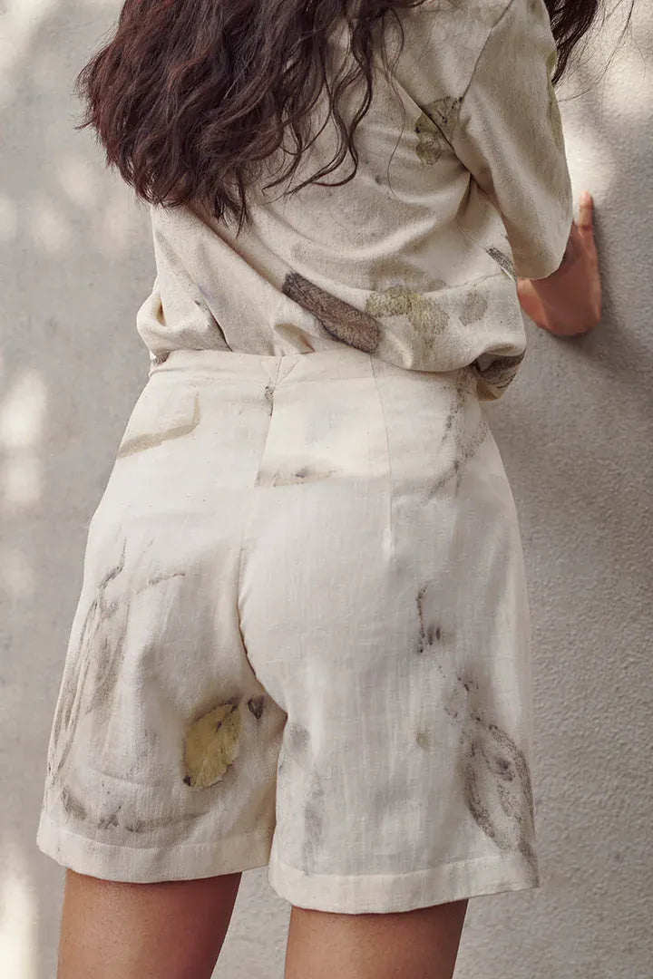 Alternative Live leafy khadi skort, casual shorts with leafy print, made from natural khadi fabric, displayed flat on a white background.