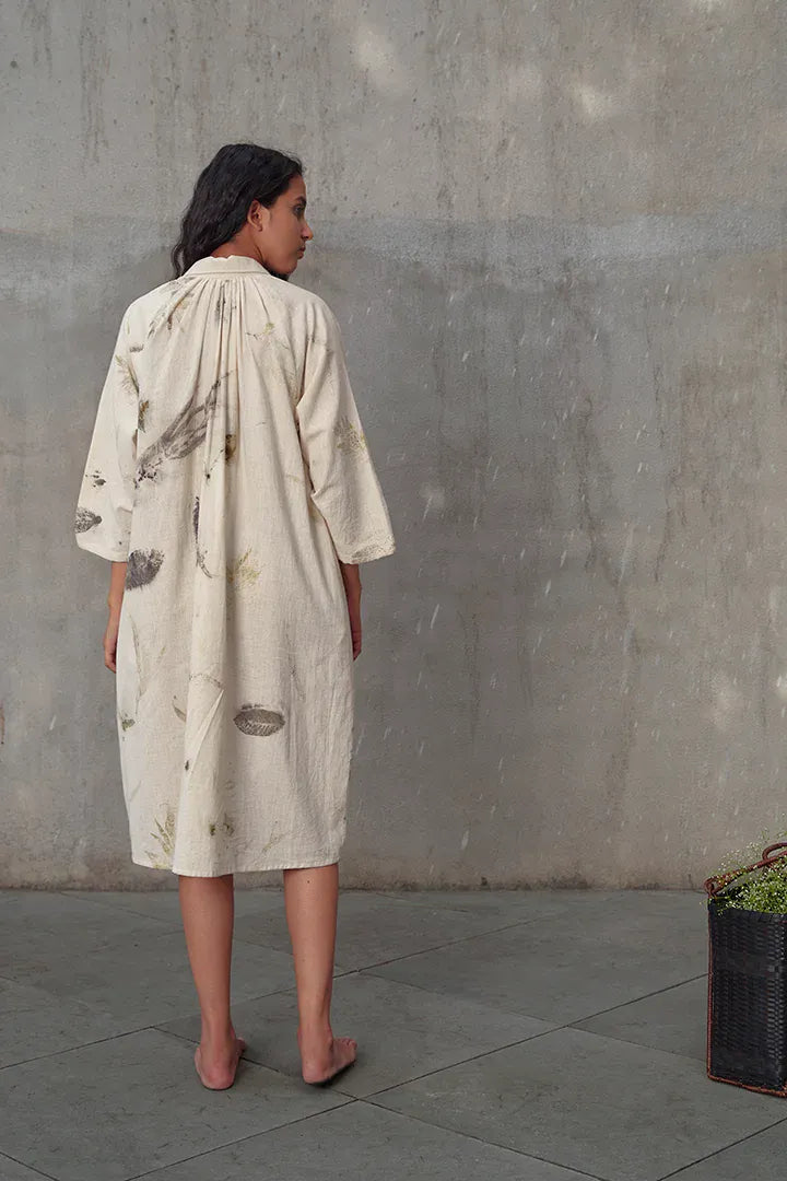 Live leafy khadi maxi dress by Alternative featuring a flowing, leafy print fabric and relaxed fit for casual or bohemian style.