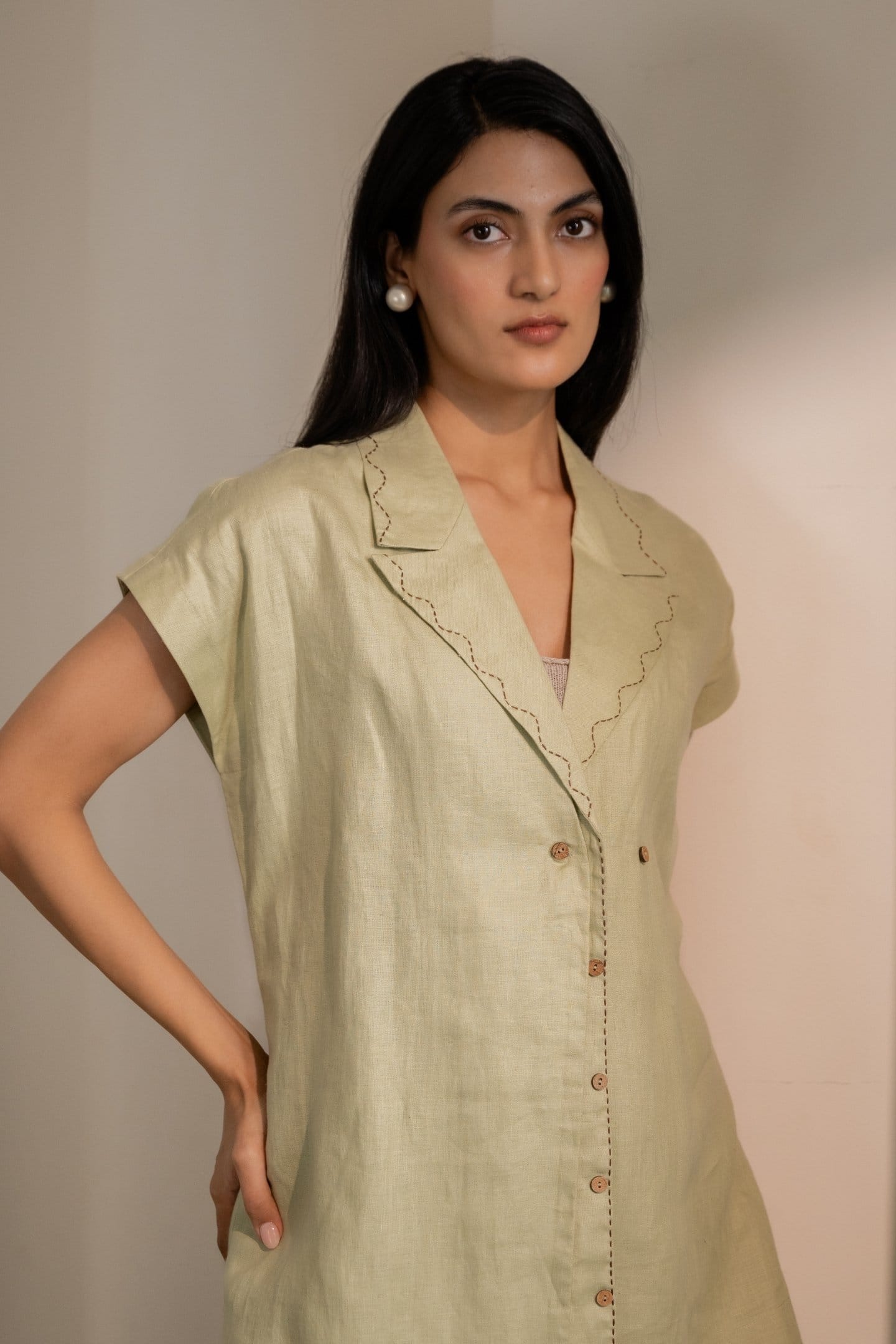 Dew mint green blazer by Alternative, tailored fit with notch lapels and single-button closure, styled on a mannequin.