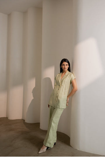 Dew mint green Alternative blazer featuring a tailored fit, shown paired with matching pants in a stylish, professional look.