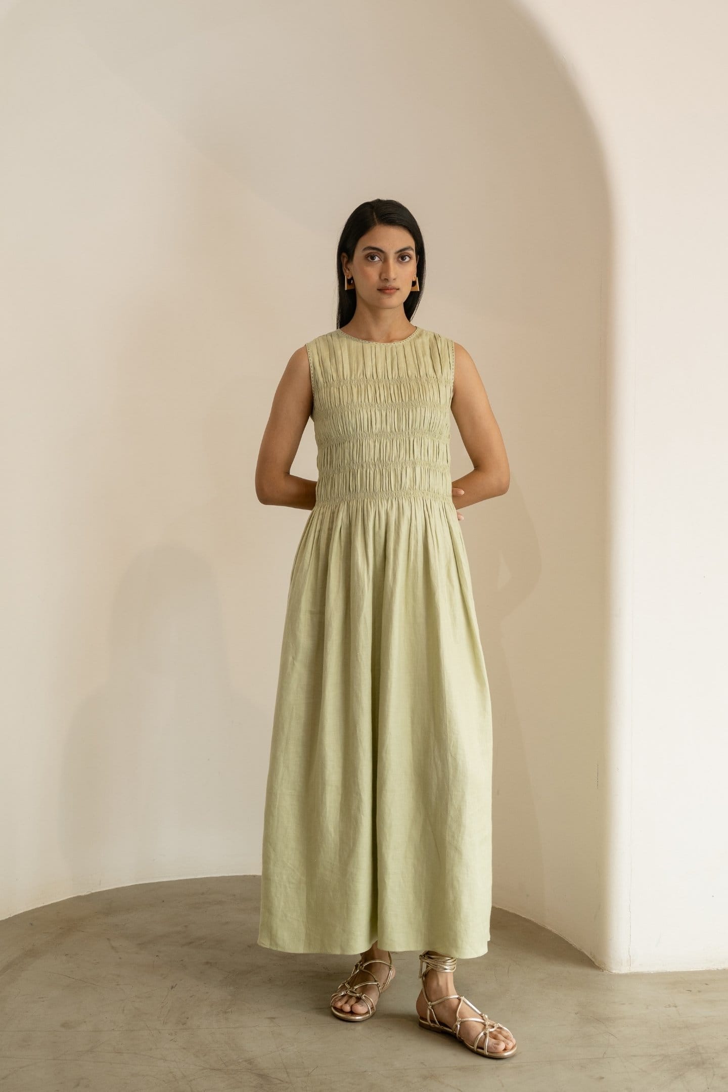 Dew mint green smocked maxi dress by Alternative, featuring a relaxed fit and lightweight fabric, perfect for casual wear.