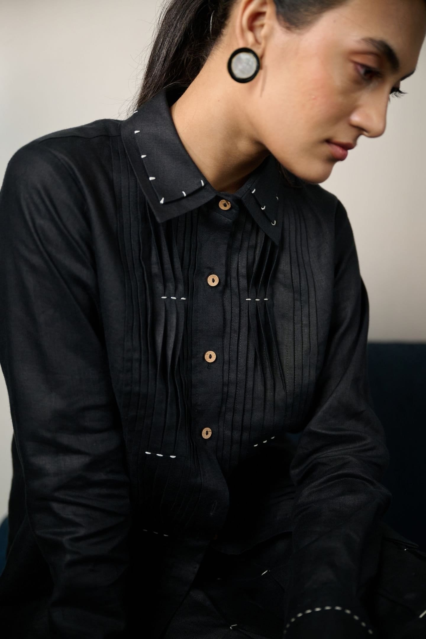 Ebony black hemp pintucks shirt from Alternative, a stylish top with detailed pintuck design and a relaxed fit.