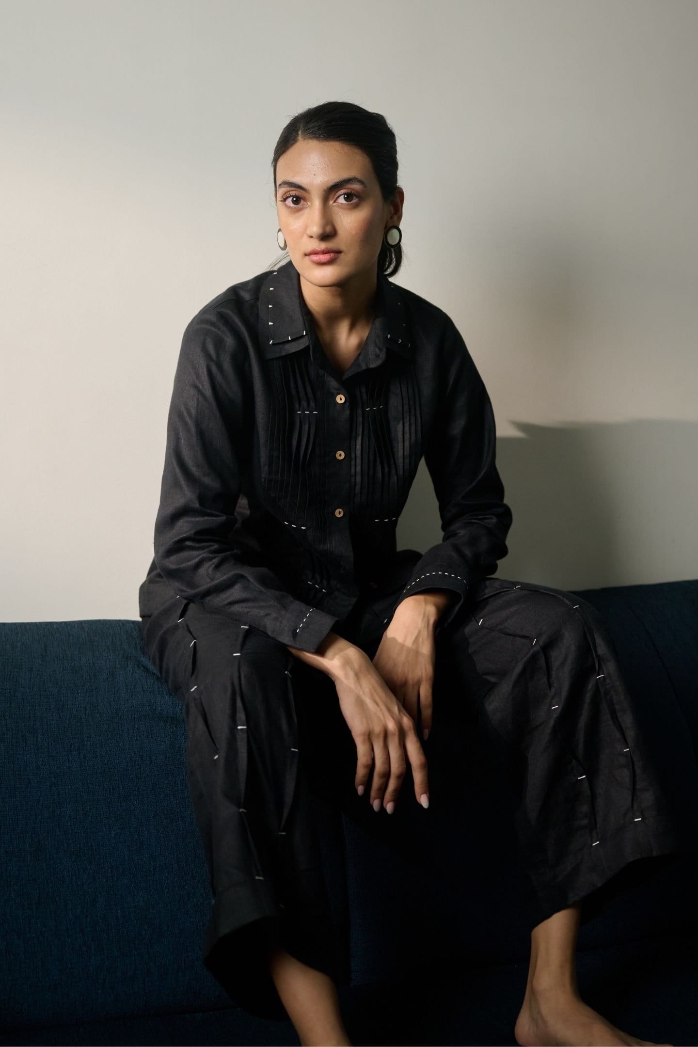 Ebony black hemp pintucks shirt from Alternative, showcasing a relaxed fit with pintuck details and long sleeves.
