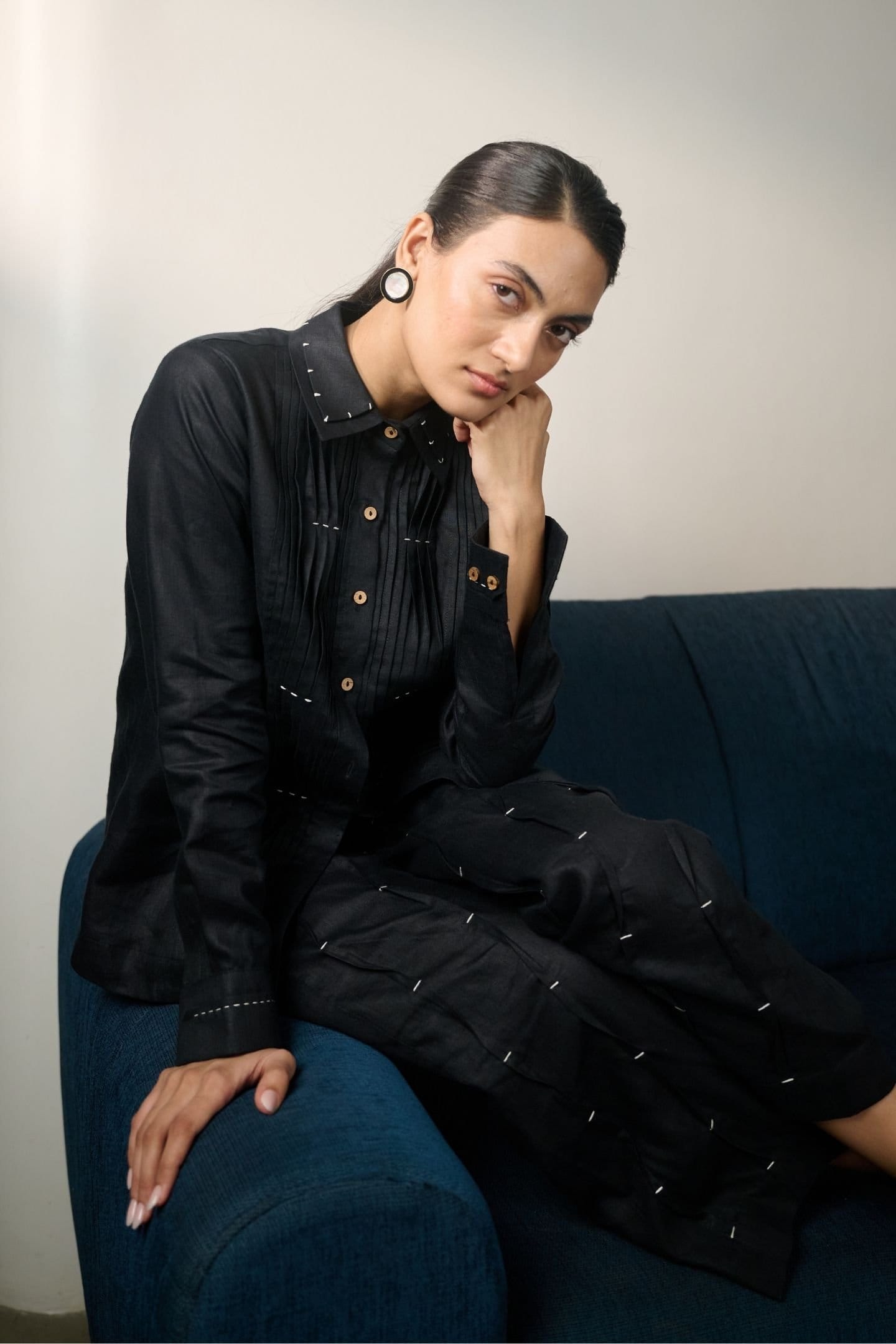 Ebony black hemp pintucks shirt by Alternative, featuring a relaxed fit with pintuck details on the front.