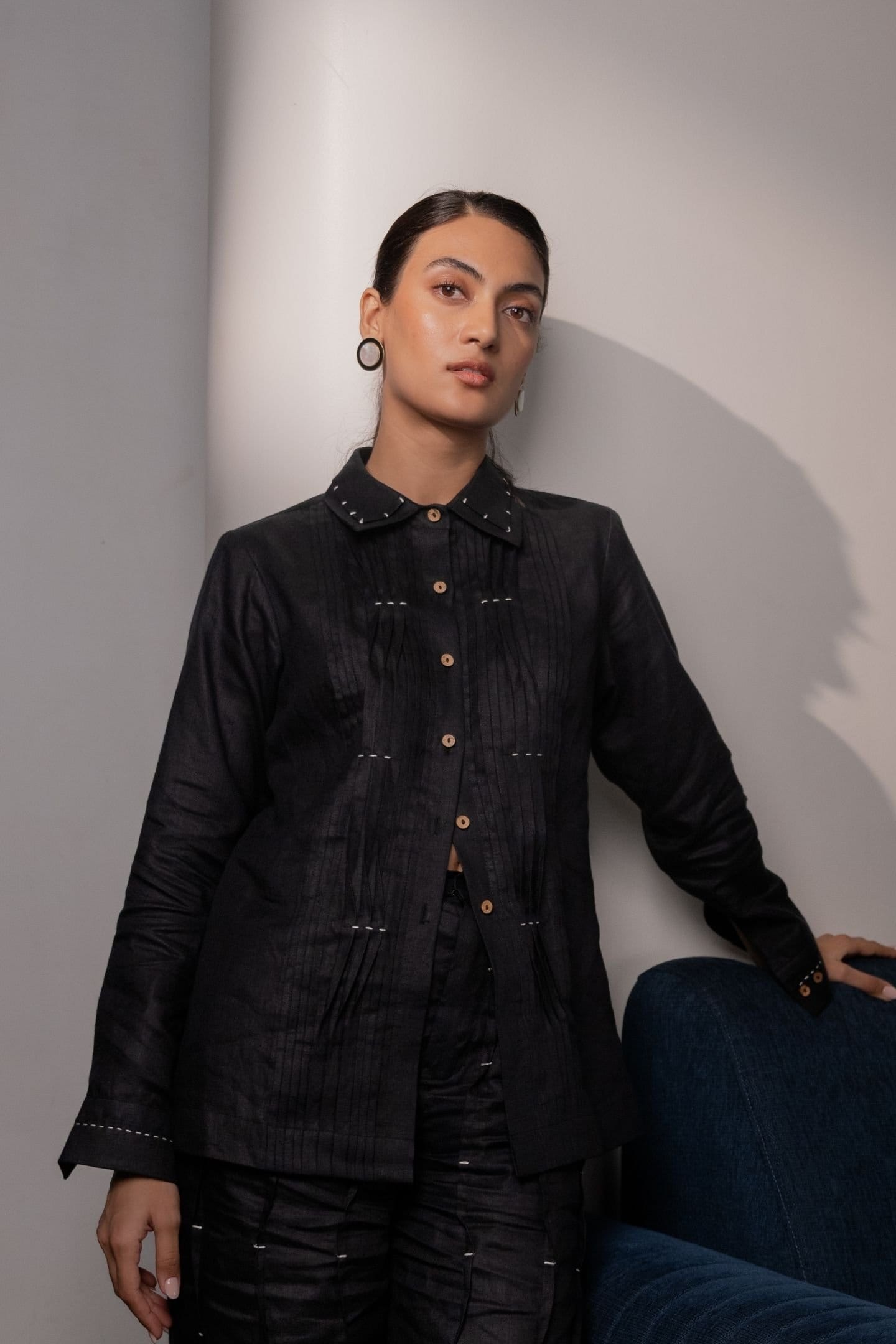 Ebony black hemp pintucks shirt from Alternative, a stylish women's tops with pintuck details and a relaxed fit.
