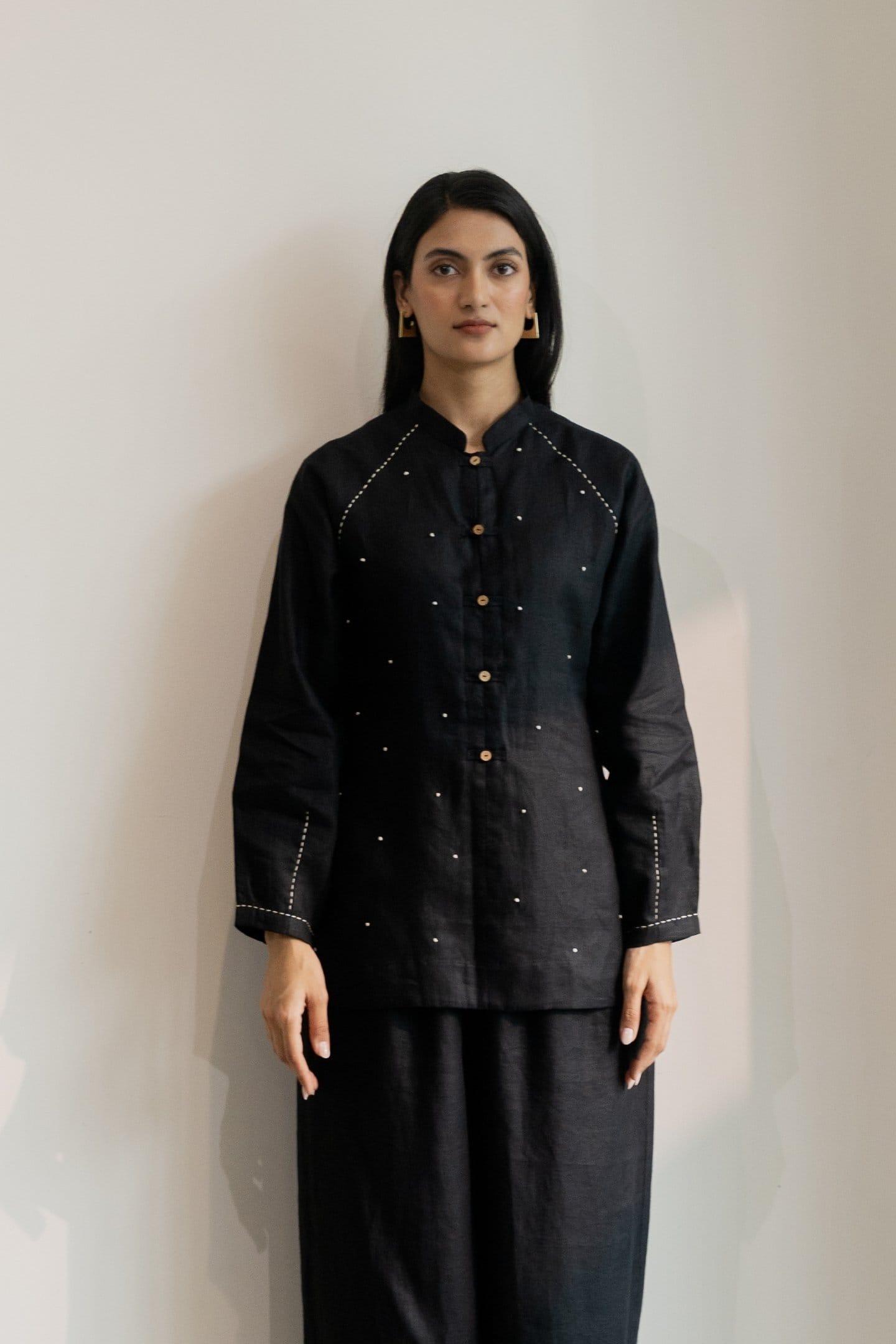 Ebony black hemp short kurta by Alternative, stylish casual tops with a relaxed fit and short sleeves, suitable for everyday wear.