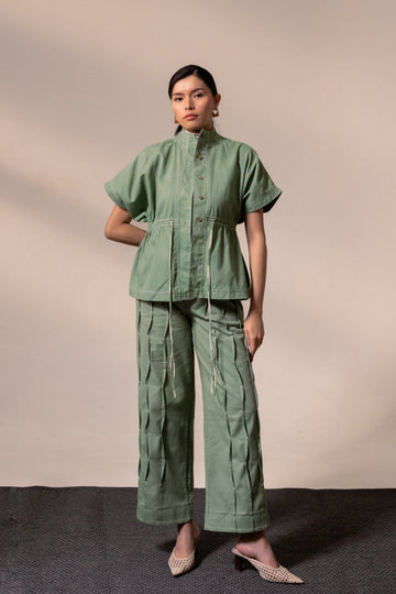 Fern green denim top from Alternative, stylish casual top with a relaxed fit and button details.